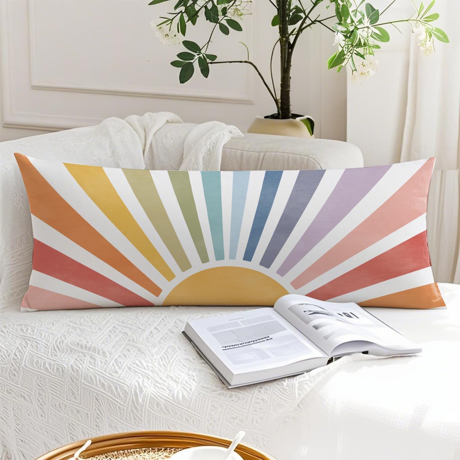 Boho Colorful Sun Sunshine 20x54 Body Pillow Cover, Boho Room Decor, Mid Century Modern Horizontal Sun Sunset Sunrise Decorative Long…