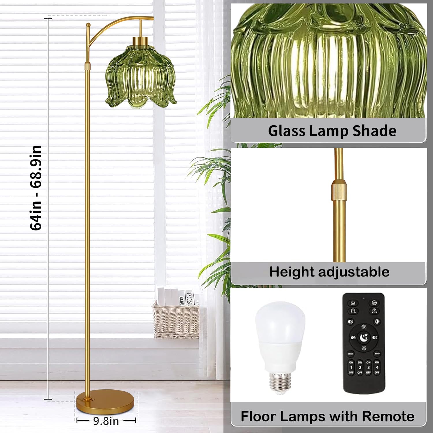 QIYIZM Glass Floor Lamp for Living Room, Bedroom, Gold Dimmable Standing Lamp with Remote, Mid Century Modern Brass Tall Lamp Boho Vintage…