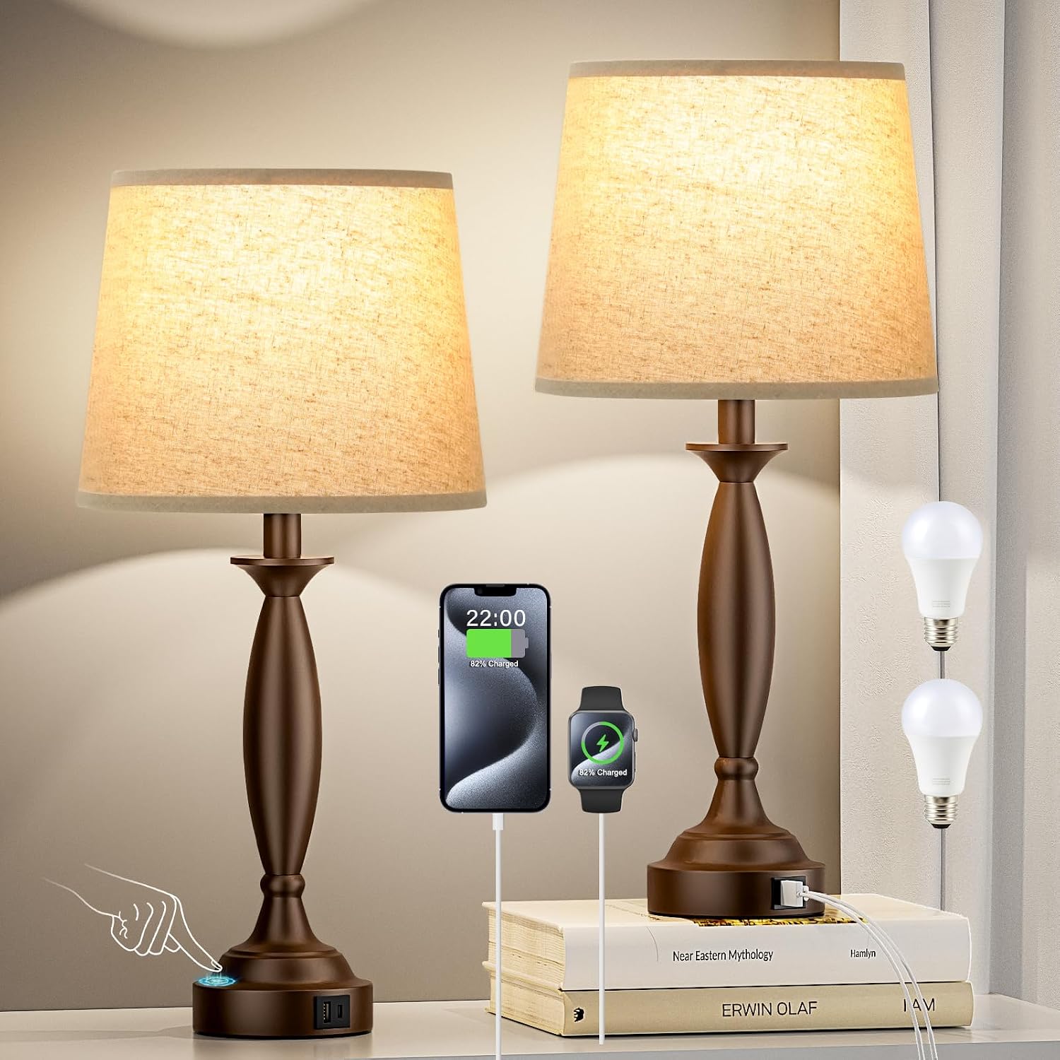 Seealle Beige Brown Lamps for Bedrooms Set of 2 - Touch Control Bedside Lamp with USB C+A, 3 Way Dimmable Nightstand Lamps with USB Port…