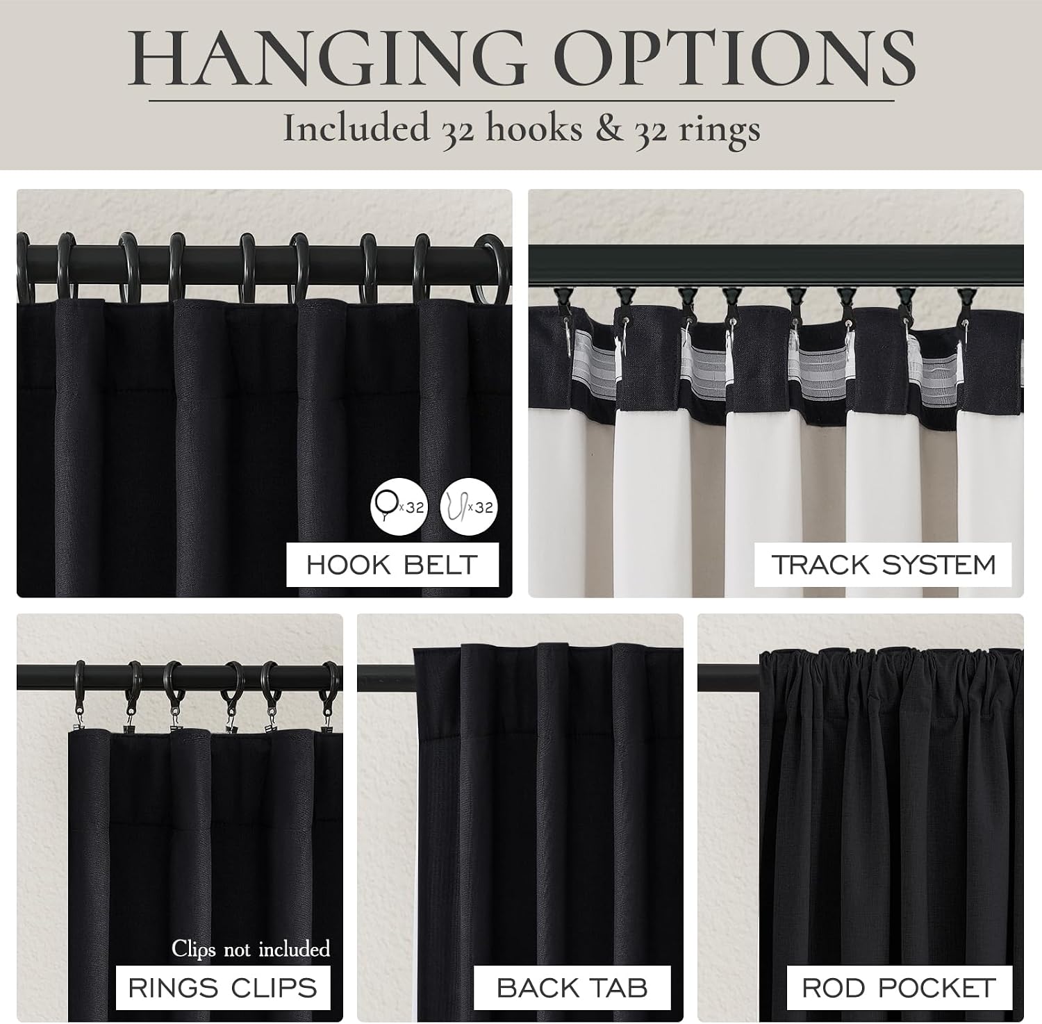 Qjmydeco Black Blackout Curtains 96 Inches Long 2 Panel Set, Sun Blocking Curtains for Bedroom Modern Black Window Linen Drapes Thermal Ins…