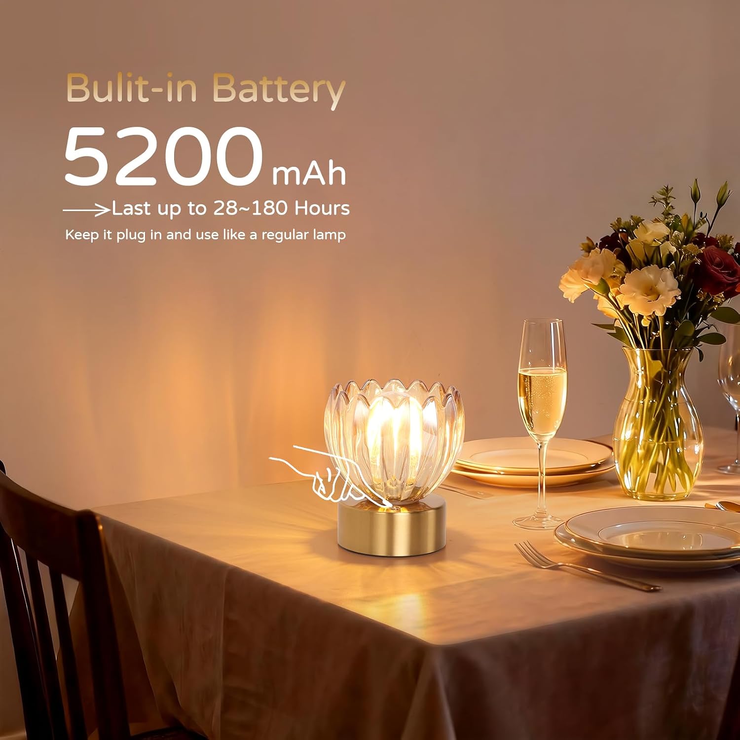 Shenmoyl Cordless Small Table Lamp with 5200mAh Battery & Touch Control, Battery Operated Tulip Table Lamp with 3 Colors, Rechargeable…