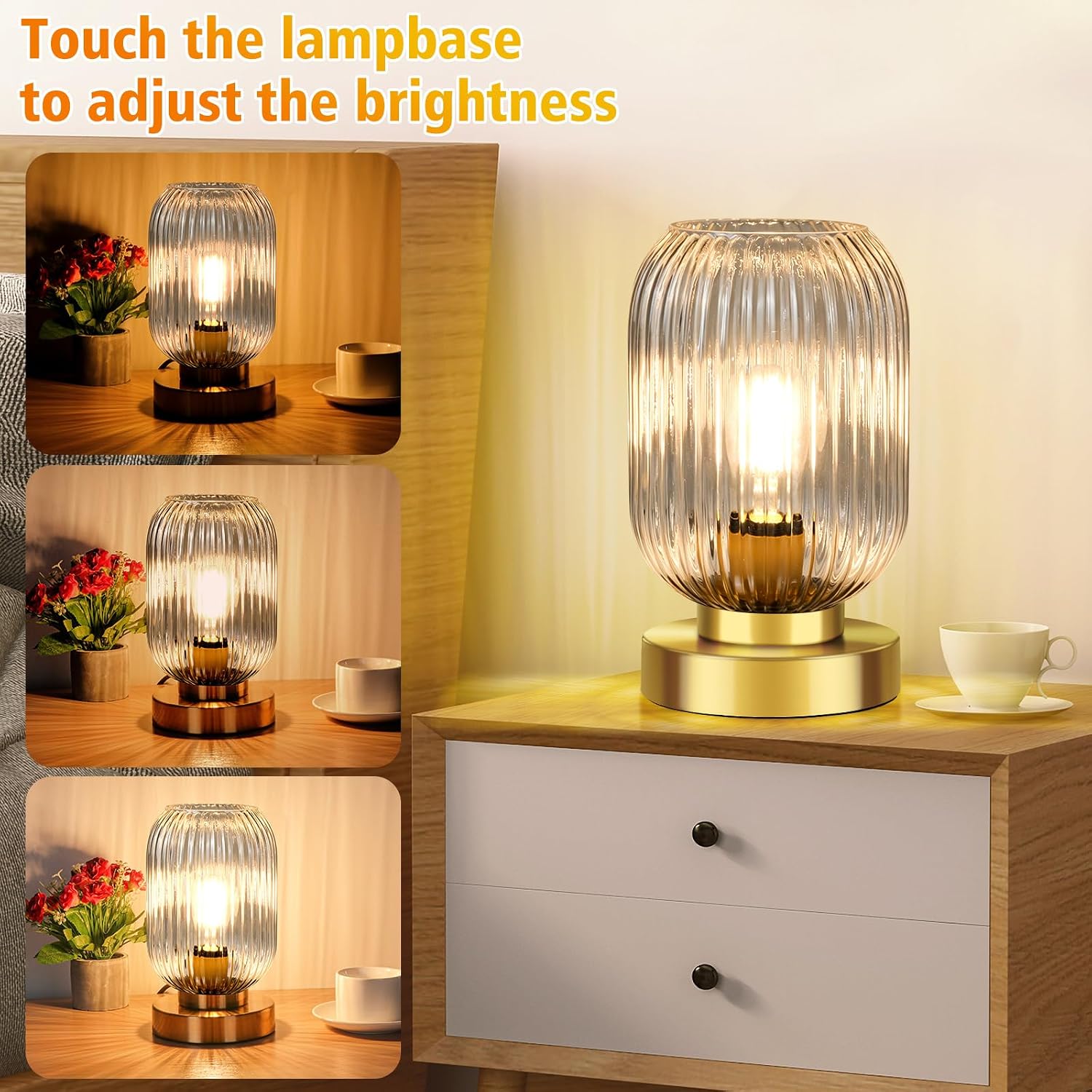 Mid Century Modern Table Lamp with Clear Ribbed Glass Shade, Touch Control & 3 Way Dimmable, Small Gold, Vintage Bedside Lamp for…