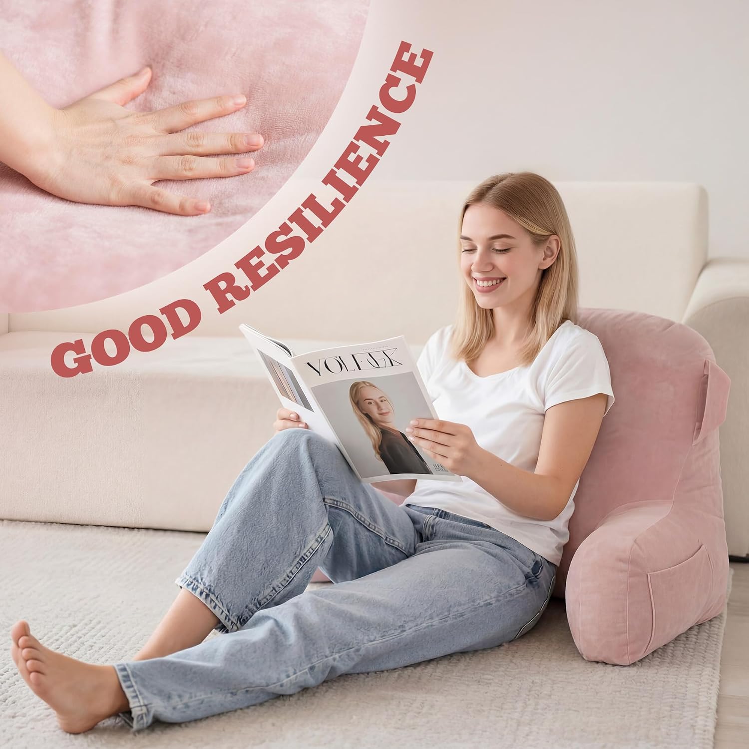 Unisakey Portable Comfy Reading Pillows for Bed Sitting Up(Pink Oeko-Tex), Velvet Back Pillow with Arms & Pockets for Adults, Support…