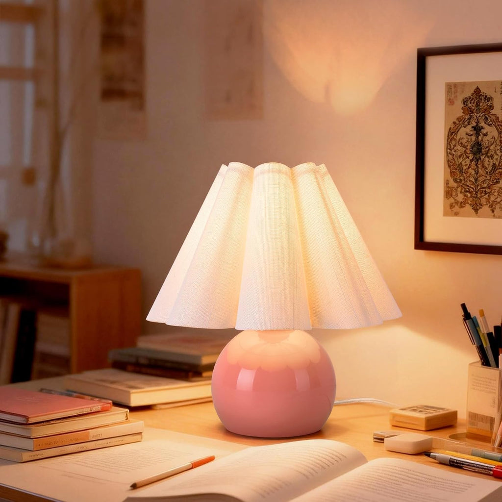 Pink Small Bedside Mini Table Lamp for Bedroom, Cute Bedroom Lamps for Nightstand, Cute Mini Table Lamps for Small Spaces with Scalloped…