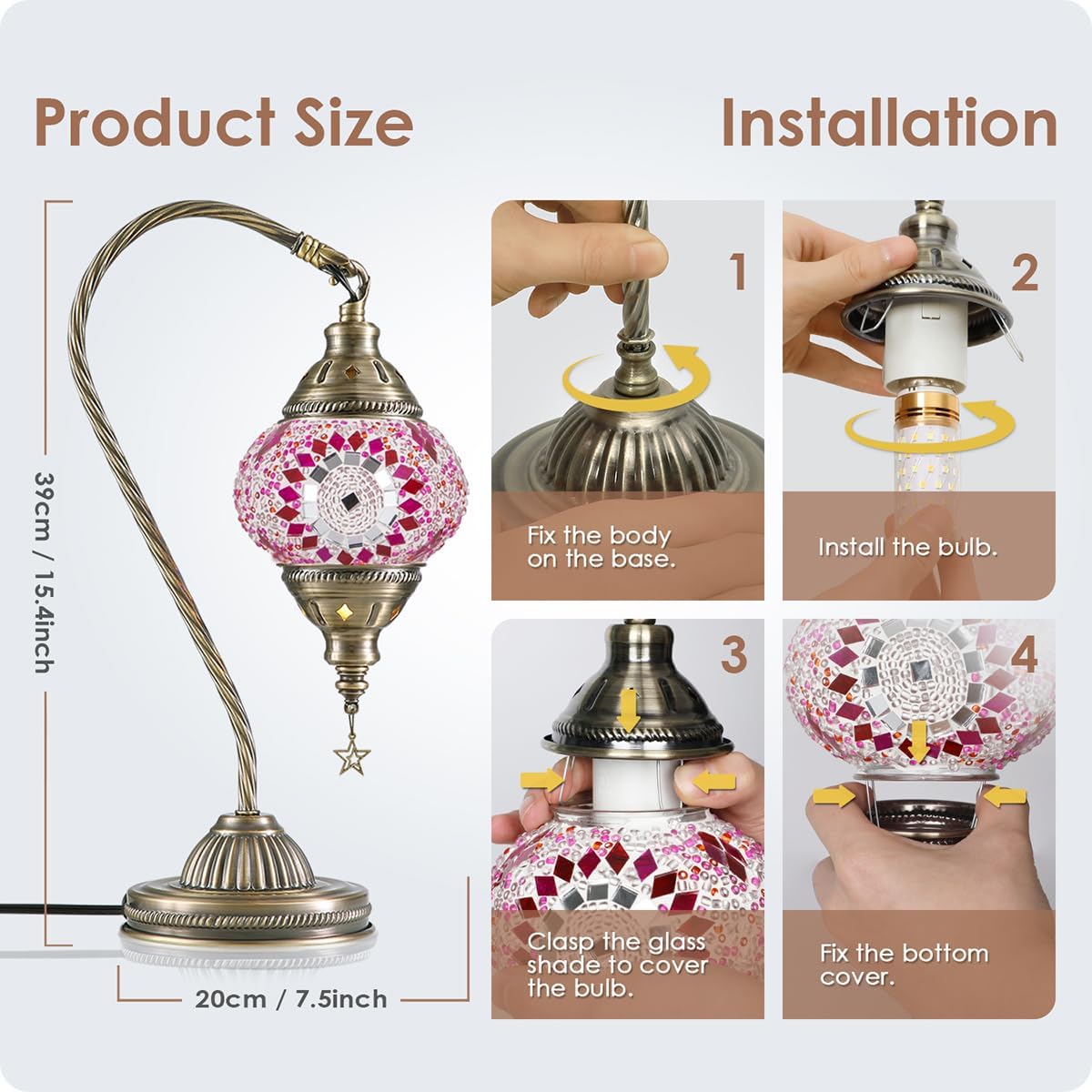 Yarra-Decor Turkish Moroccan Lamp with Bronze Base 3 Color Options Handmade Swan Neck Tiffany Mosaic Glass Bedside Lamps for Bedroom (LED…