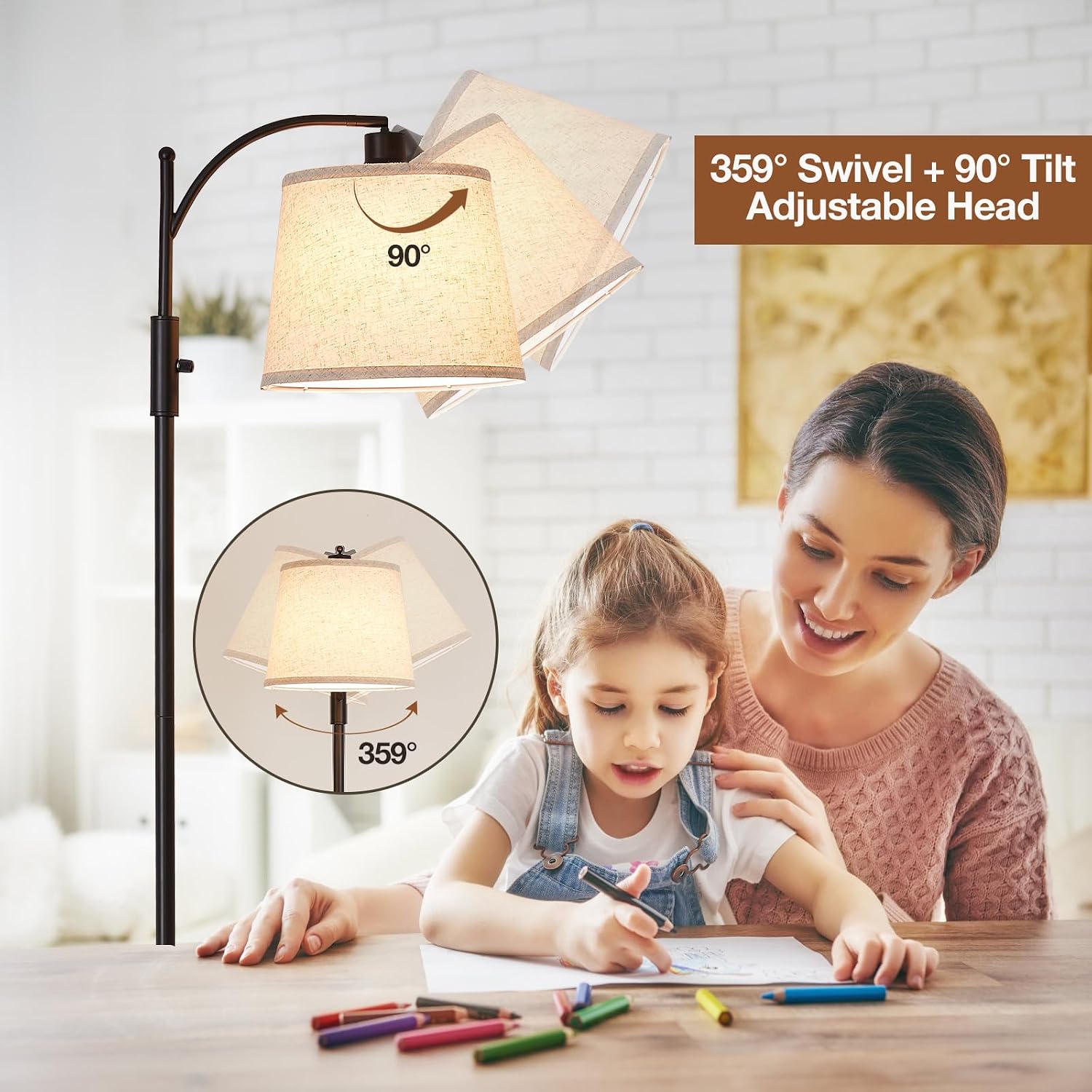 AIDENOEY Fully Dimmable Floor Lamp for Living Room, Standing Lamp Rotary Switch with Table&Linen Beige Shade, Black Tall Lamps for Bedroom…