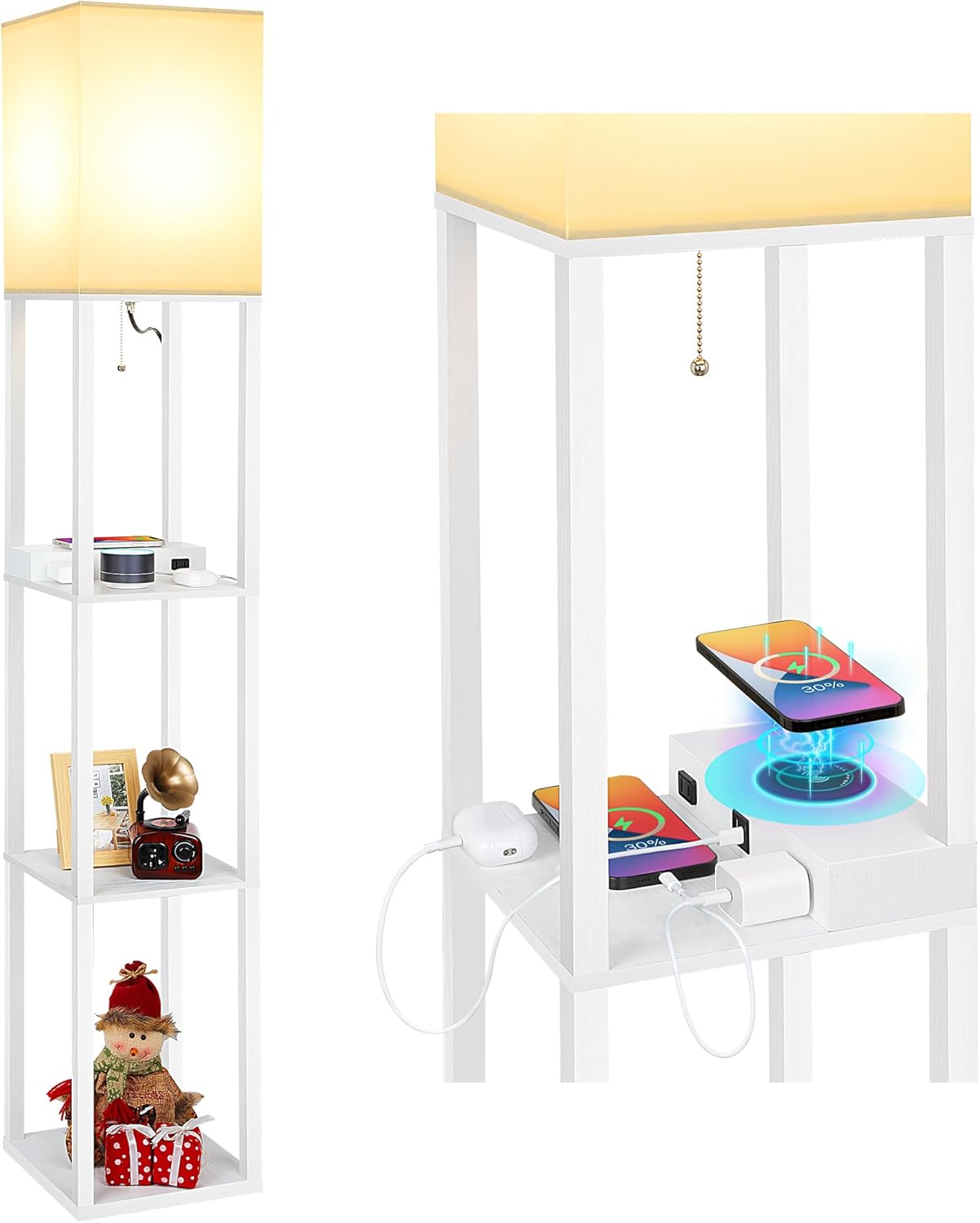 Mlambert Modern Shelf Floor Lamp with Wireless Charger & Fast Charging USB Ports & Type C Port & 2 Power Outlets,3 Tier Storage Lamp for…