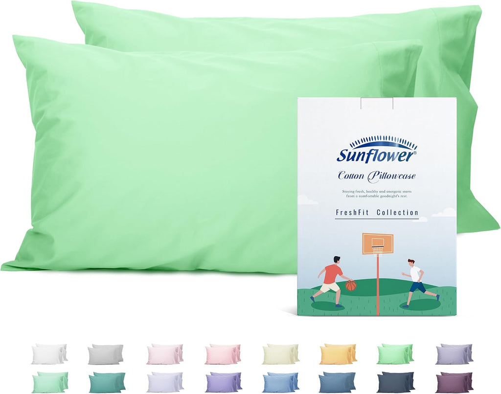Sunflower Queen Pillowcases Set of 2, 100% Cotton Queen Size Pillow Cases 2, 20×30 inches Green Ash, Soft and Breathable