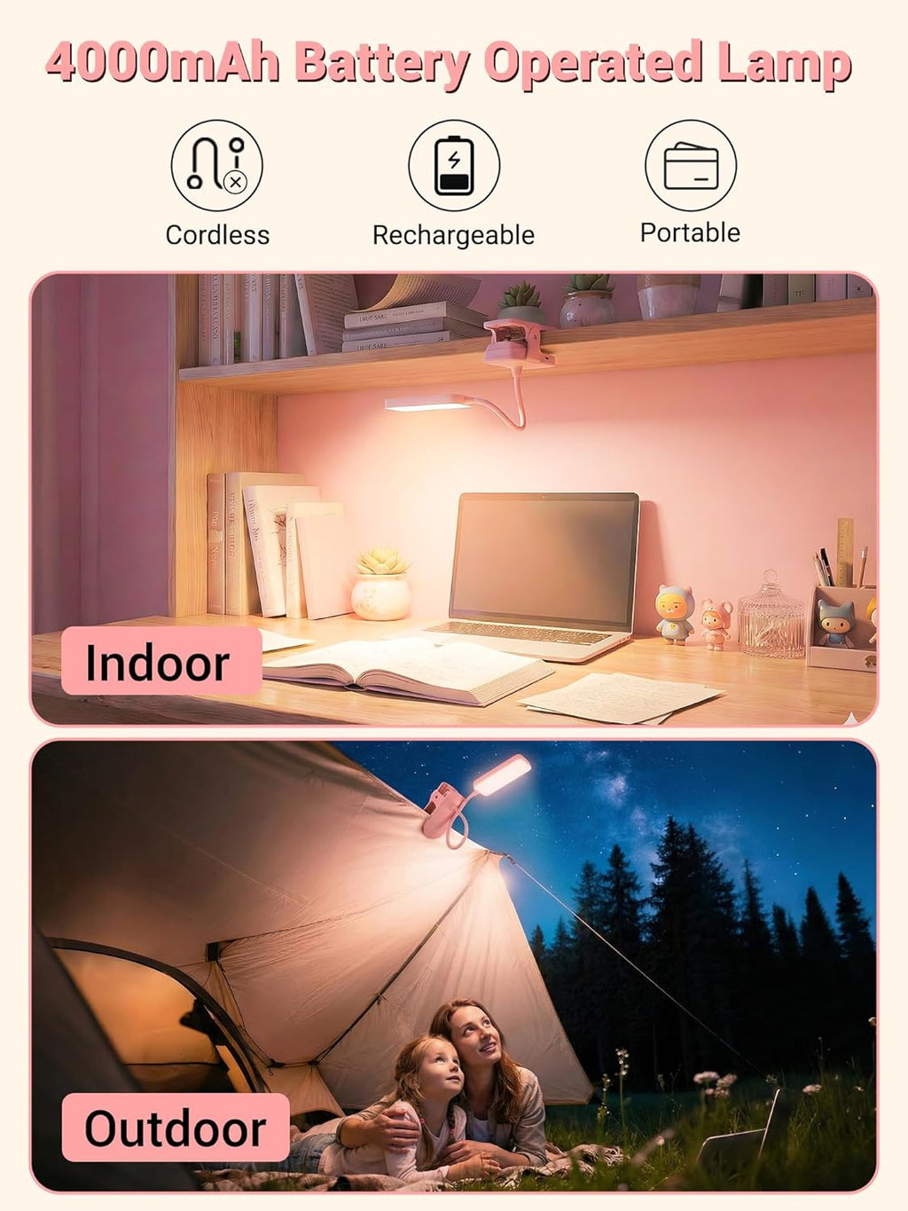 ReinHoo Pink Desk Lamp for Girls Bedroom,9 Brightness+5 Color Clip on Light,4000mAh Battery Rechargeable Desk Lamp Cute Lamp for Kid…