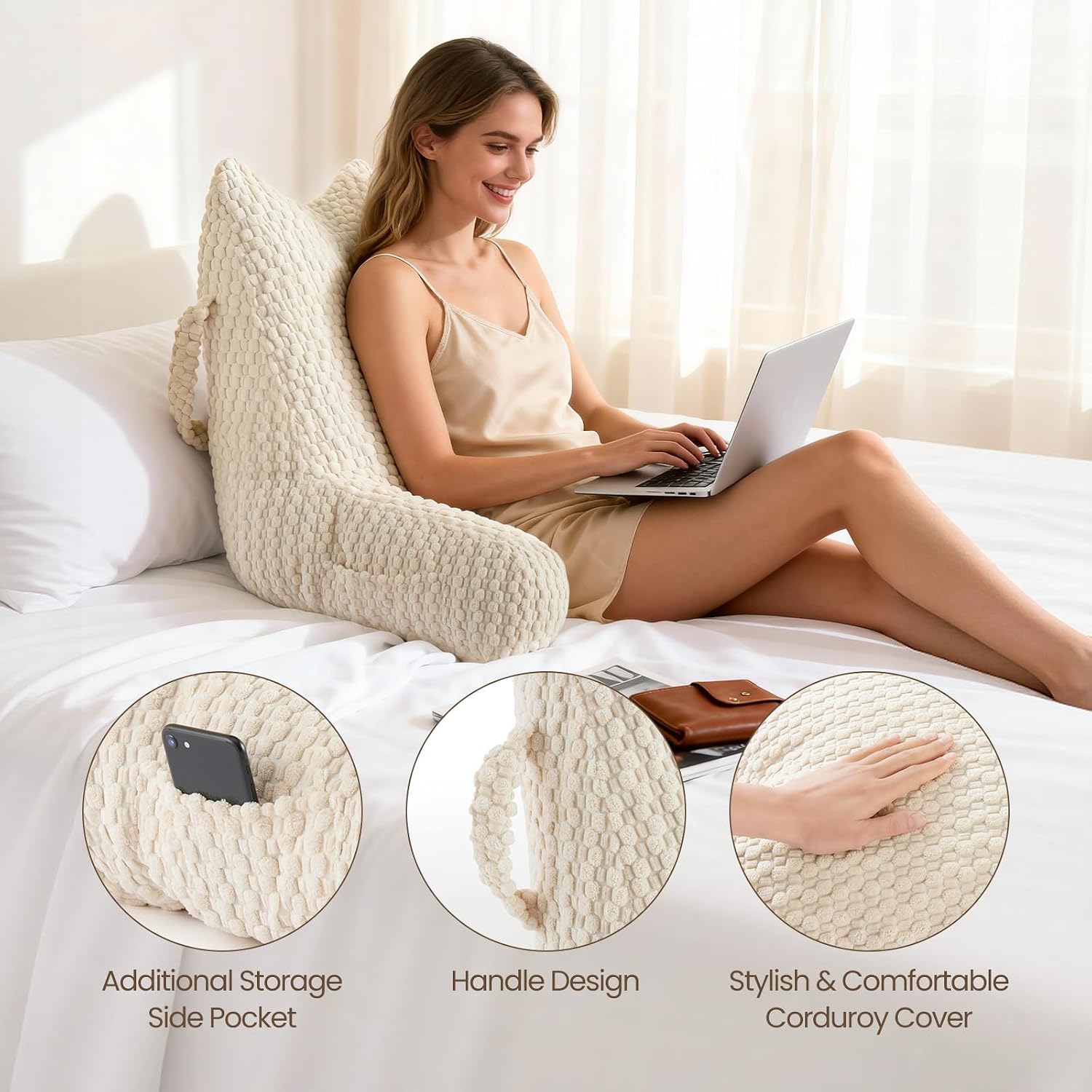 Yagamo Yaagmo Large Reading Pillow for Bed Sitting Up, Corduroy Backrest Pillow with Shredded Memory Foam Filling, Back Support Cush…