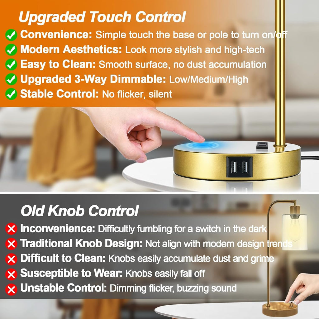 Industrial Touch Control Table Lamps Set of 2 - Gold Nightstand Bedside Lamps with 2 USB Ports & AC Outlet, 3-Way Dimmable Desk Lamp for…