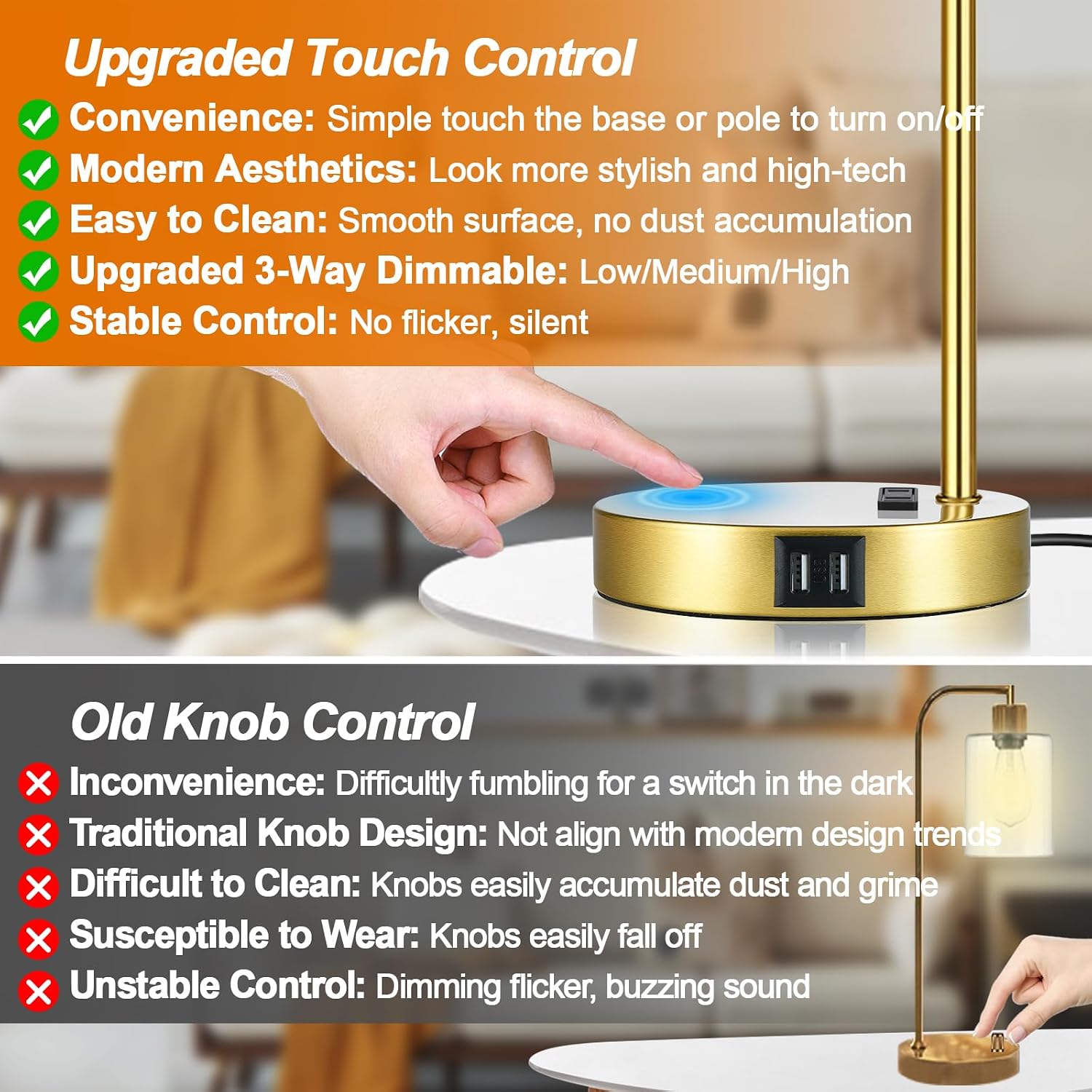 Industrial Touch Control Table Lamps Set of 2 - Gold Nightstand Bedside Lamps with 2 USB Ports & AC Outlet, 3-Way Dimmable Desk Lamp for…