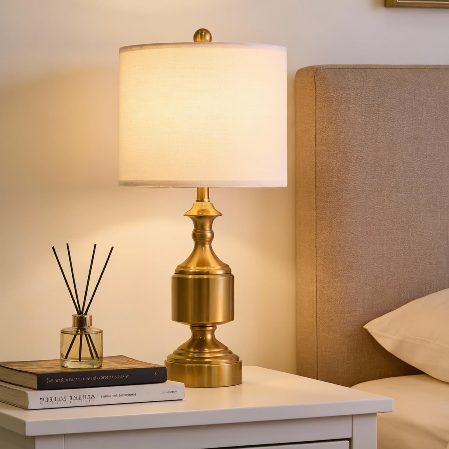 Bobomomo Gold Table Lamps Set of 2-20.5" Modern Metal Bedside Lamps for Nightstand, Mid-Century Night Stand Lamps with Linen Shade, Small L…