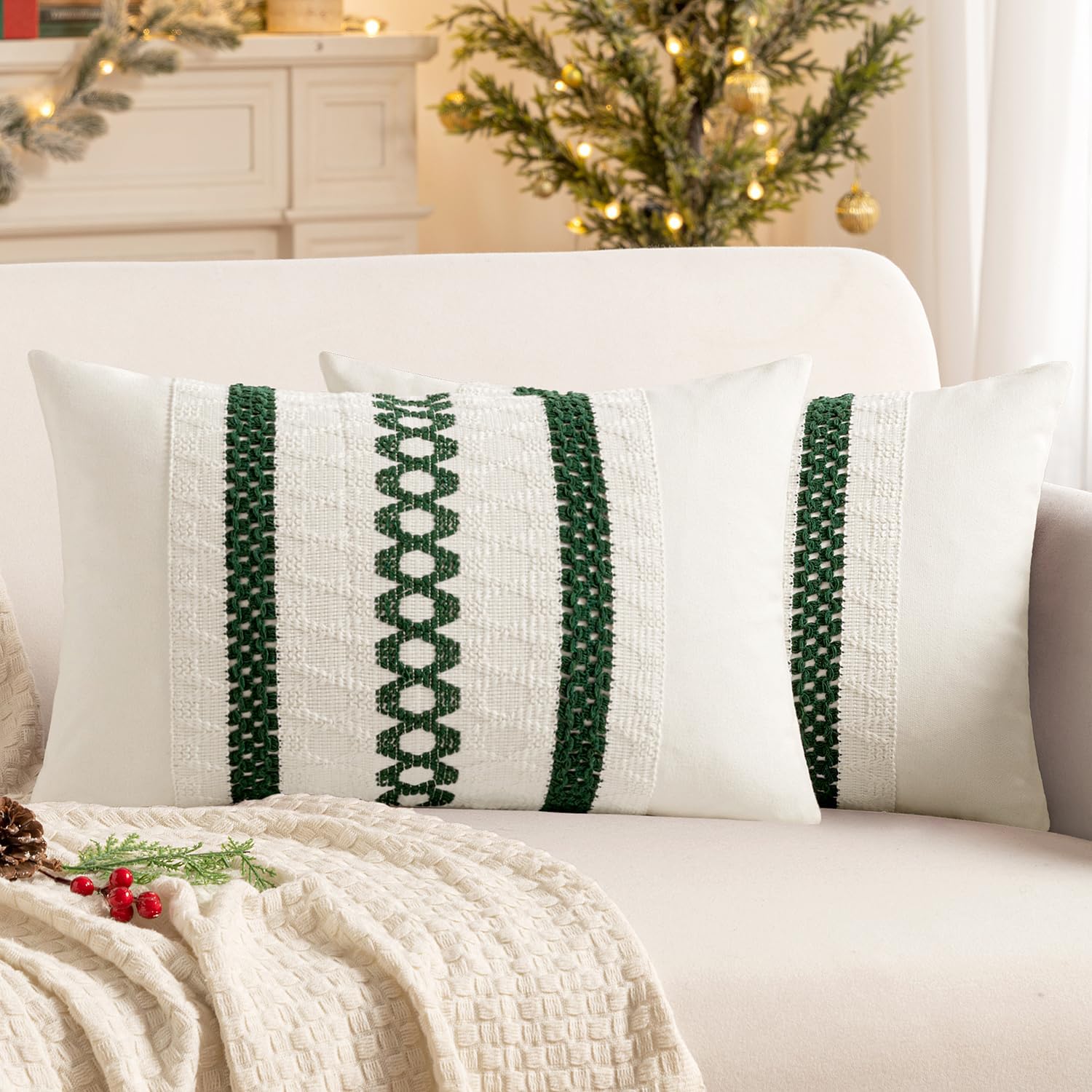 MIULEE Set of 2 Dark Green Boho Christmas Decorative Lumbar Pillow Covers 12x20 Inch Farmhouse Rustic Couch Throw Pillows Modern Cotton…
