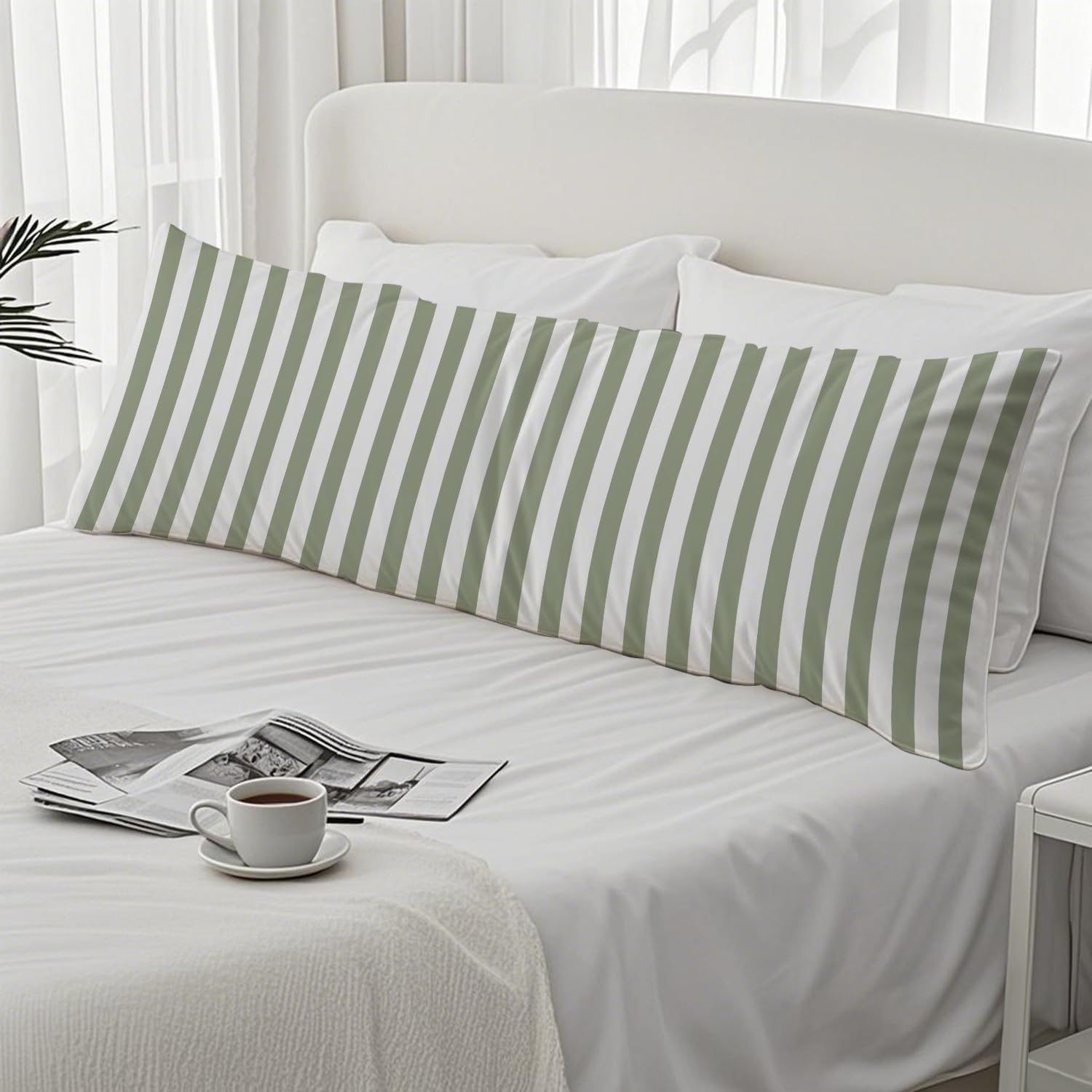Sage Green Striped 20x54 Body Pillow Cover, Preppy Room Dorm Decor, Sage Green and White Line Decorative Long Body Pillow Cases for Bed…