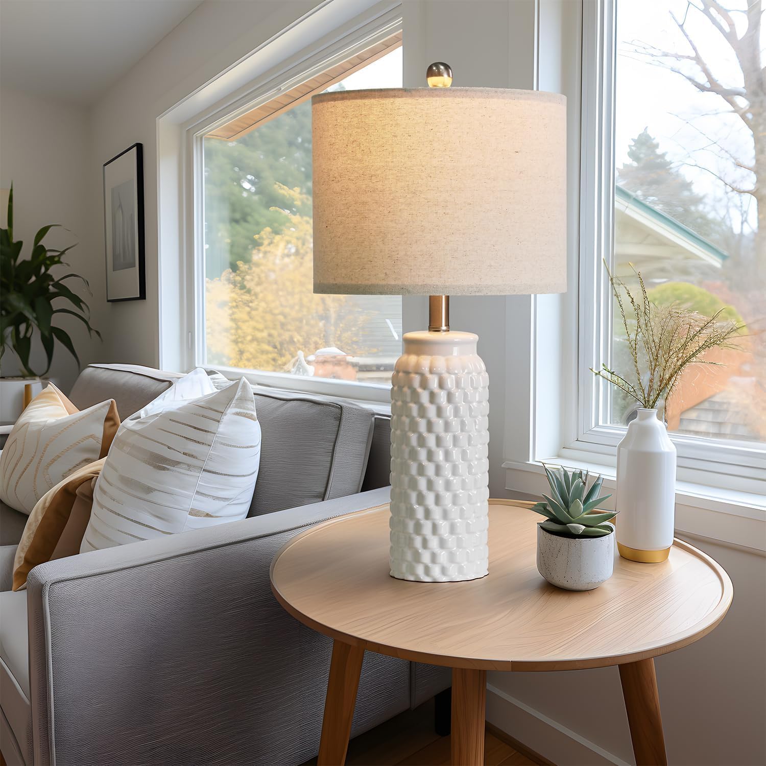 USumkky 24" Modern Ceramic White Bedside Lamp Set of 2 Table Lamp for Bedroom Decor Farmhouse Table Lamp for Living Room Office Dorm