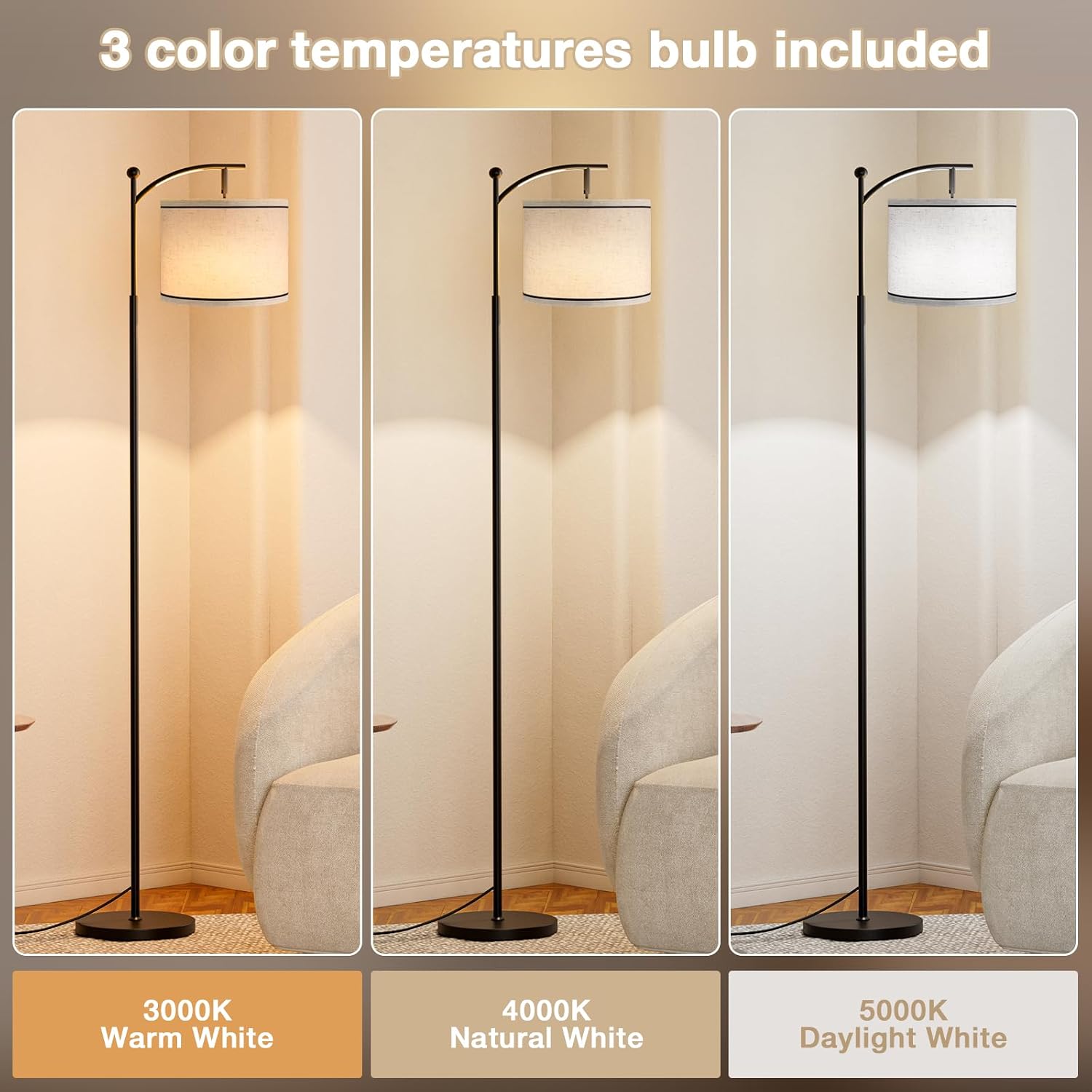 Ambimall 60" Floor Lamp for Living Room with 3 Color Temperatures, Beige Lampshade with Black Stripes, Tall Lamp for Bedroom Office, 9W…