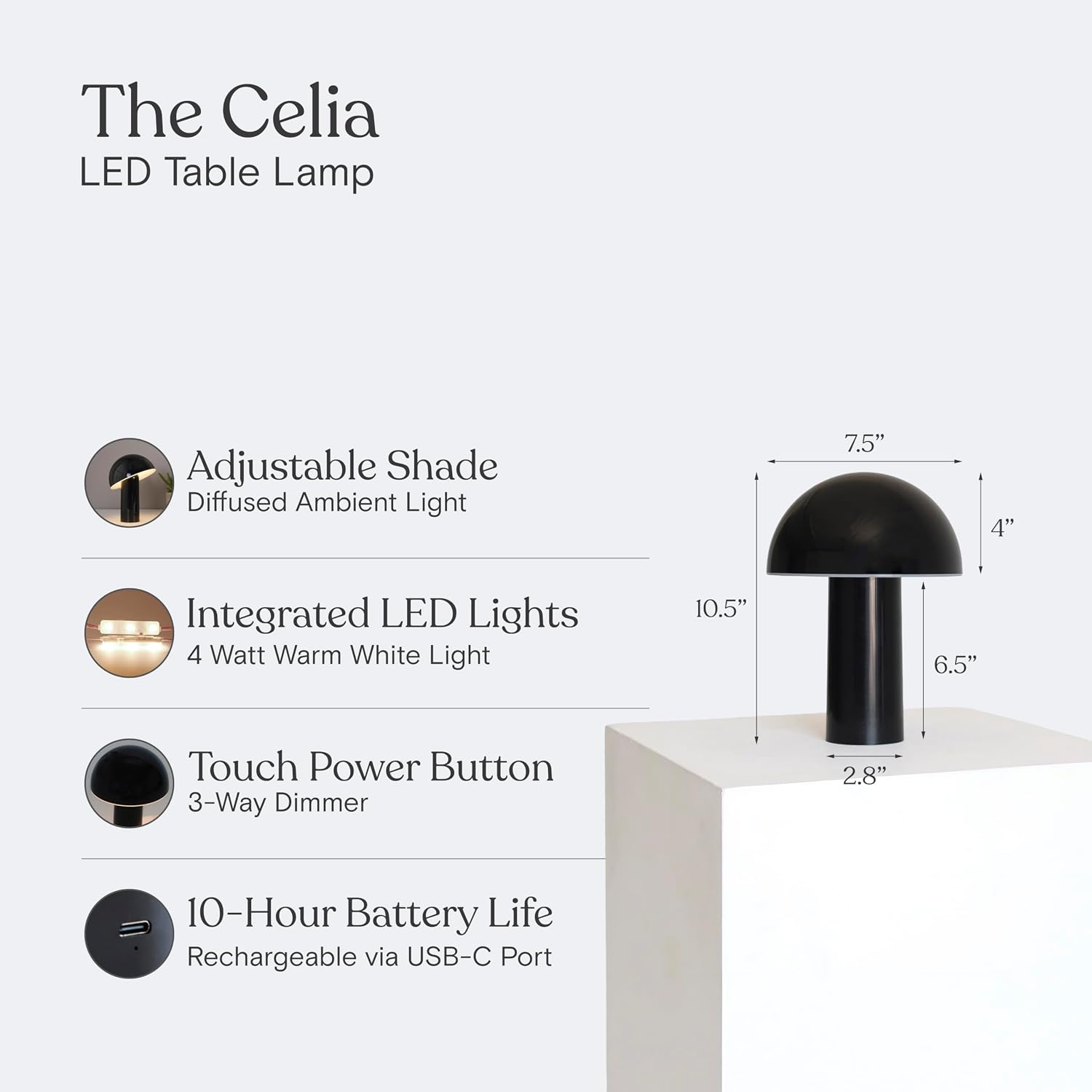 Brightech Celia Small Lamp – 10" Touch-Controlled Mushroom Table Lamp, Cordless & Dimmable LED, Portable Rechargeable Bedside Night Light,…