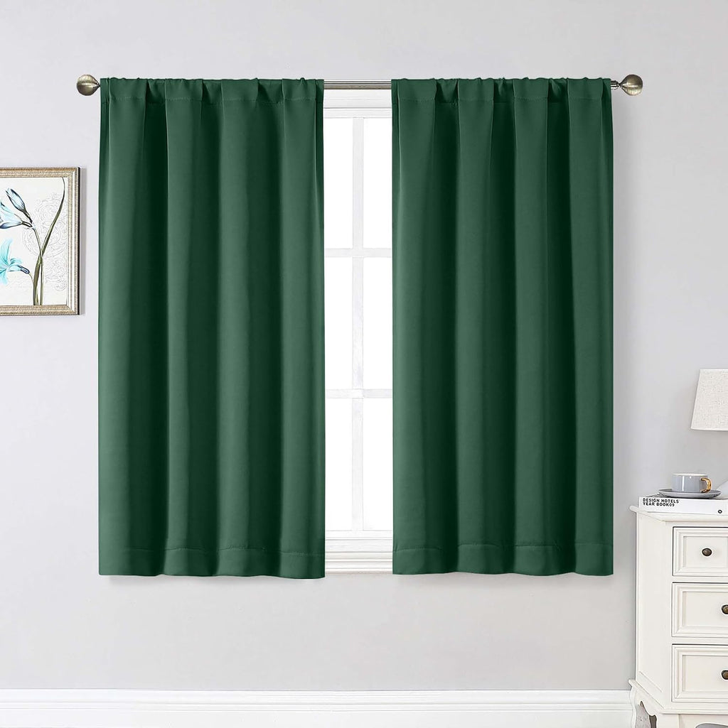 WelvetBLK Ever Green Room Darkening Curtains for Bedroom Living Room 45 Inch Length 2 Panels Set, Soft Solid Thermal Insulated Rod Pocket S…