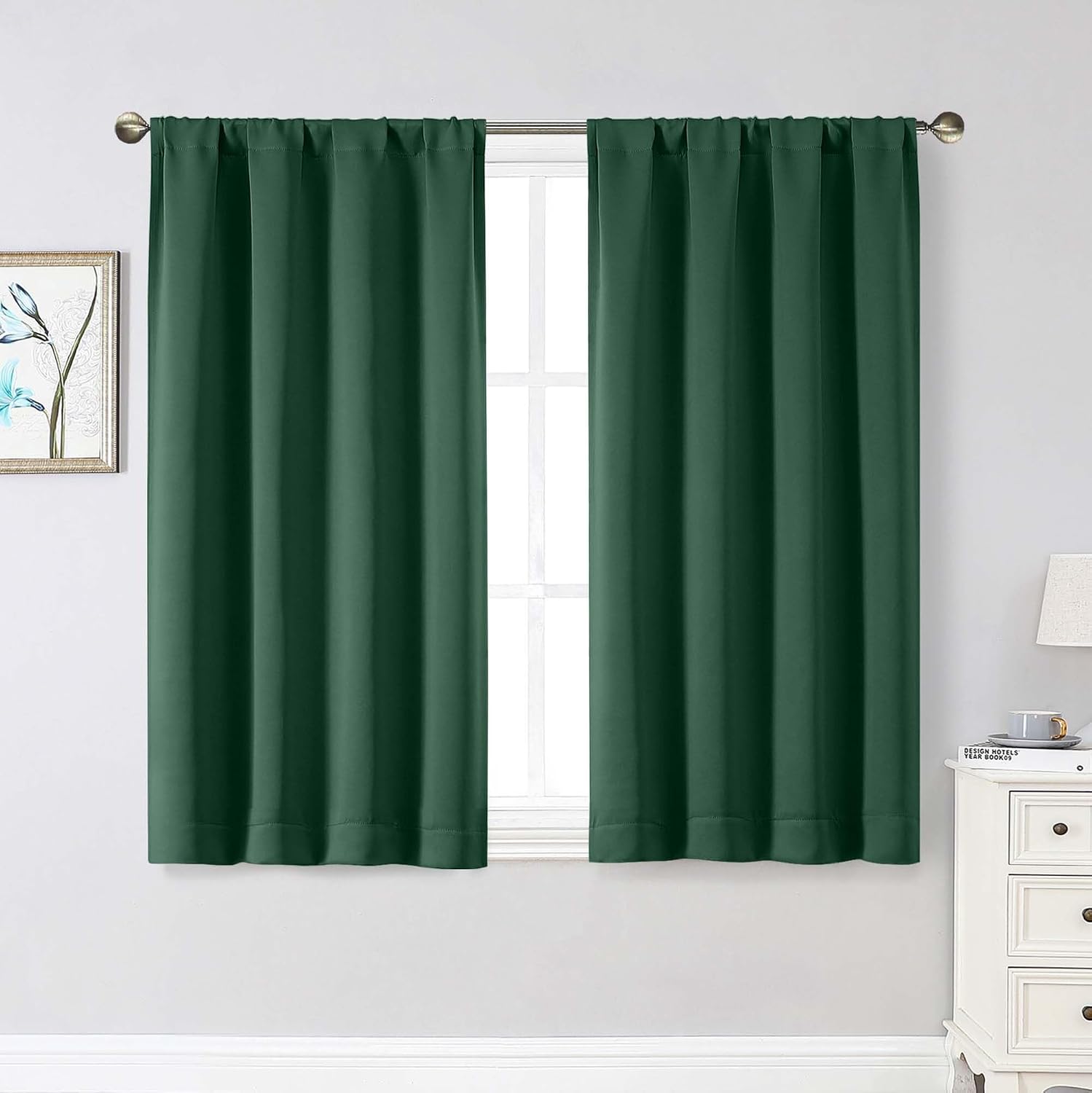 WelvetBLK Ever Green Room Darkening Curtains for Bedroom Living Room 45 Inch Length 2 Panels Set, Soft Solid Thermal Insulated Rod Pocket S…