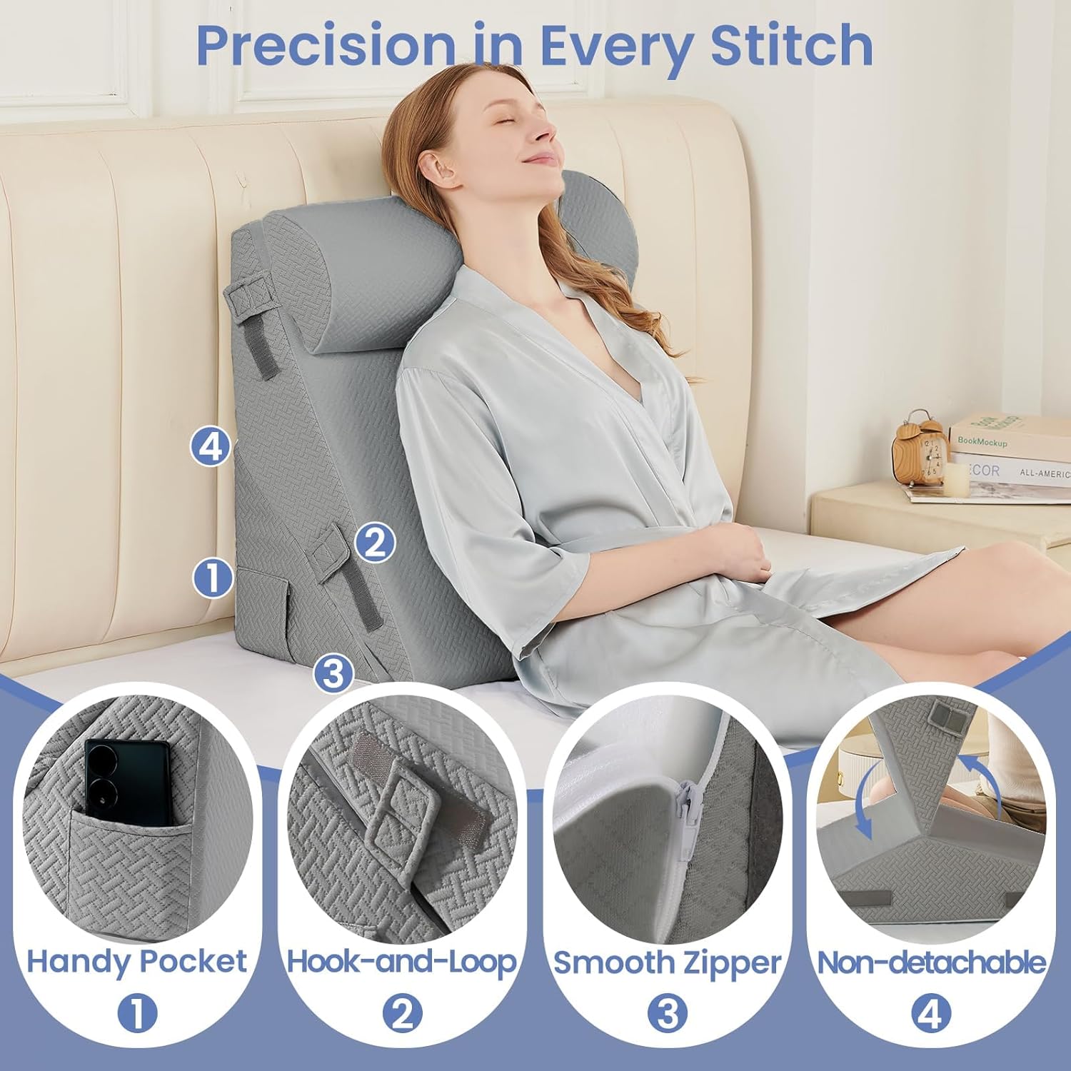 Sasttie Wedge Pillow Set for After Surgery, 2PCS Adjustable Bed Wedge Pillow Headboard with Memory Foam Neck Cushion – for Acid Reflux, Sle…