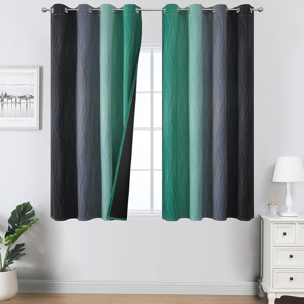 Estelartextiler Estelar Textiler Black and Green Ombre Blackout Curtains 45 Inches Long, Full Room Darkening Gradient Drapes for Kitchen, T…