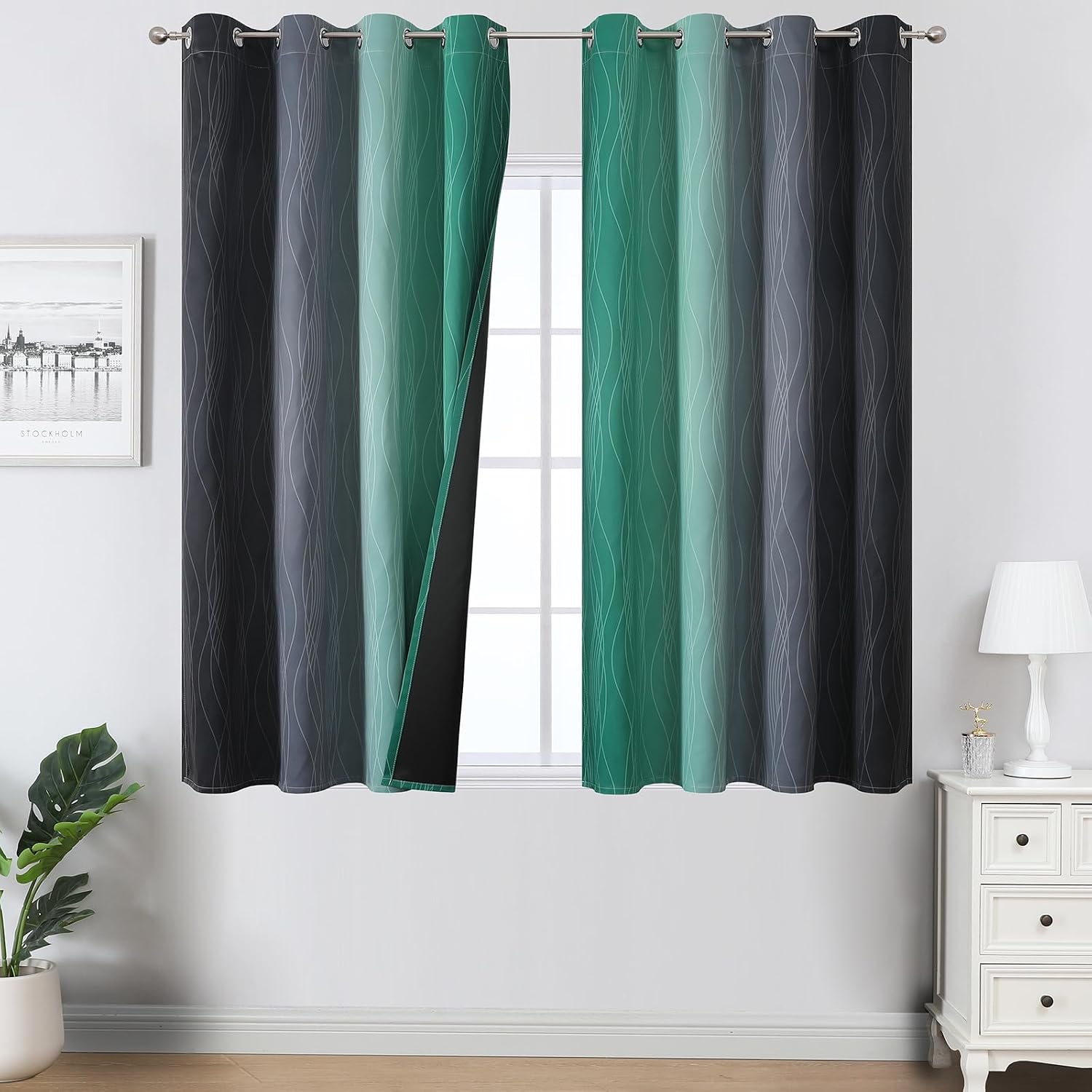 Estelartextiler Estelar Textiler Black and Green Ombre Blackout Curtains 45 Inches Long, Full Room Darkening Gradient Drapes for Kitchen, T…