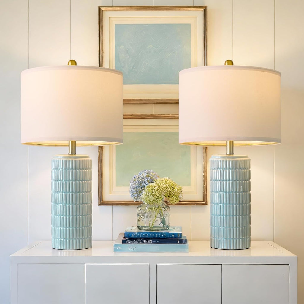 PoKat 23" Light Blue Table Lamps Set of 2, Modern Bedside Lamps for Bedroom, Coastal Ceramic End Table Lamps for Living Room, Ocean…