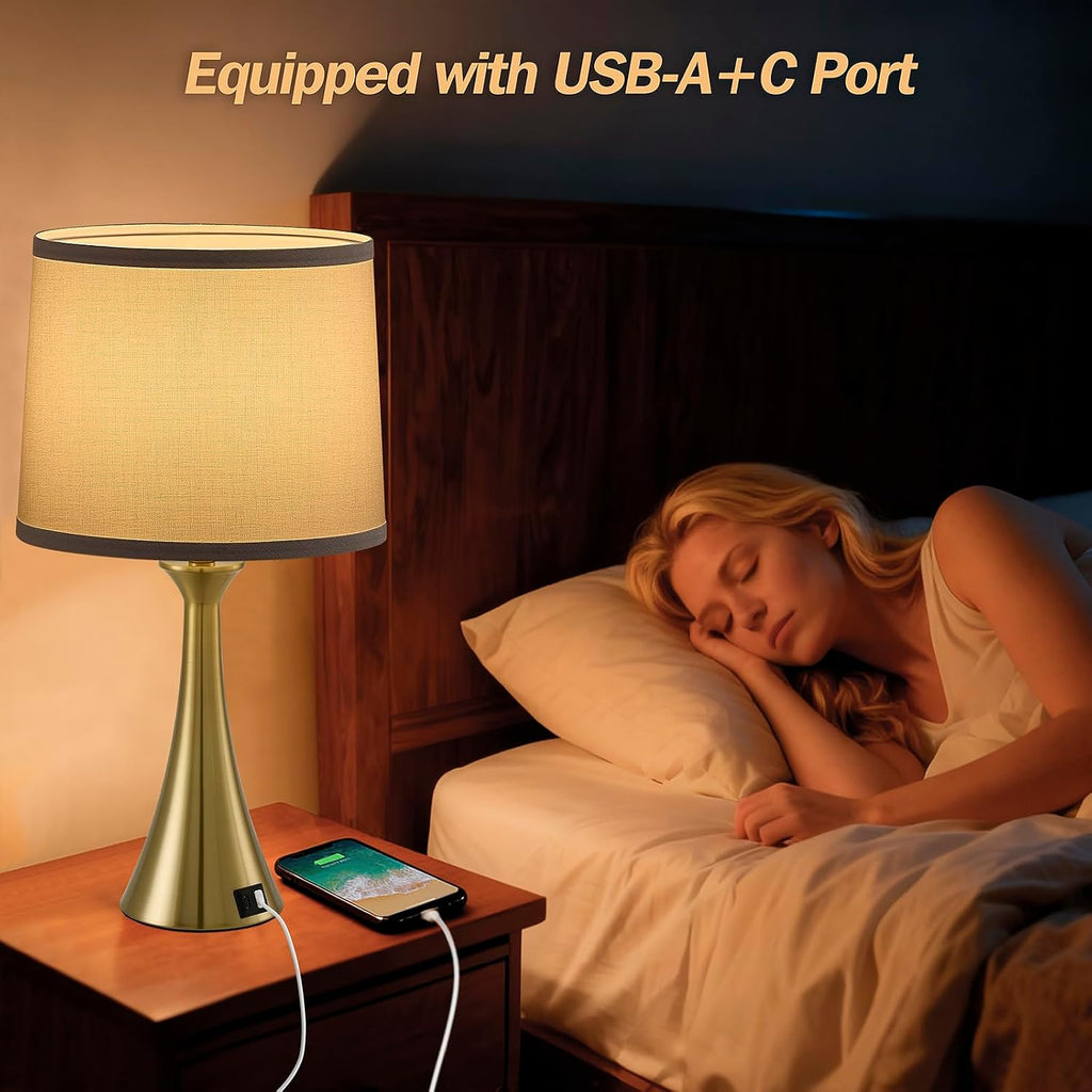 Touch Lamp for Living Room Bedroom, 21" Table Lamps Set of 2 with USB C+A Ports and White Lamp Shades, 3 Way Dimmable Gold Touch Bedside…