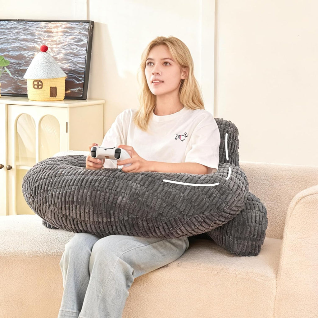 Pajeo Reading Pillow for Bed 17", Durable Striped Corduroy U Shaped Backrest with Arm Support, Ergonomic Gaming Cushion for Students, Small Be…