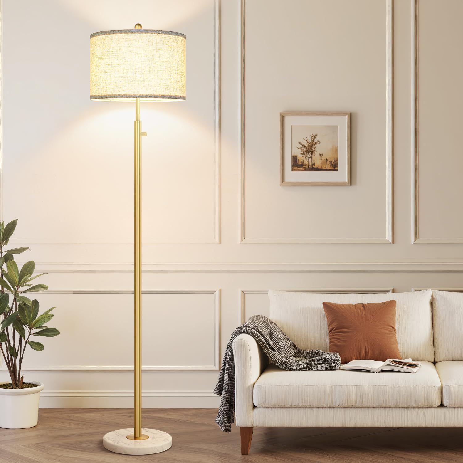 Upgraded】 Dimmable Floor Lamp for Living Room, 11W LED Bulb Included, Modern Standing Lamp with Marble Base, Tall Pole Light with Linen…