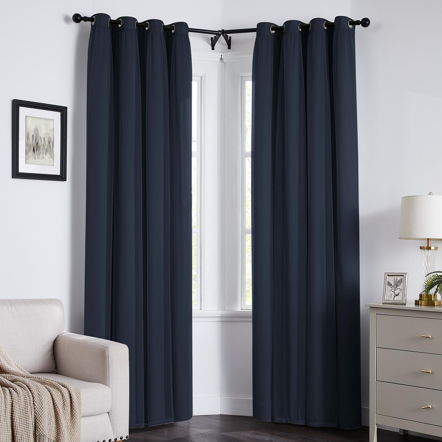Swandream Blackout Curtains for Bedroom, Double Layer Navy Blue Curtains, Black Out Curtain 90 inch Long with Sheer Overlay for Living Room…