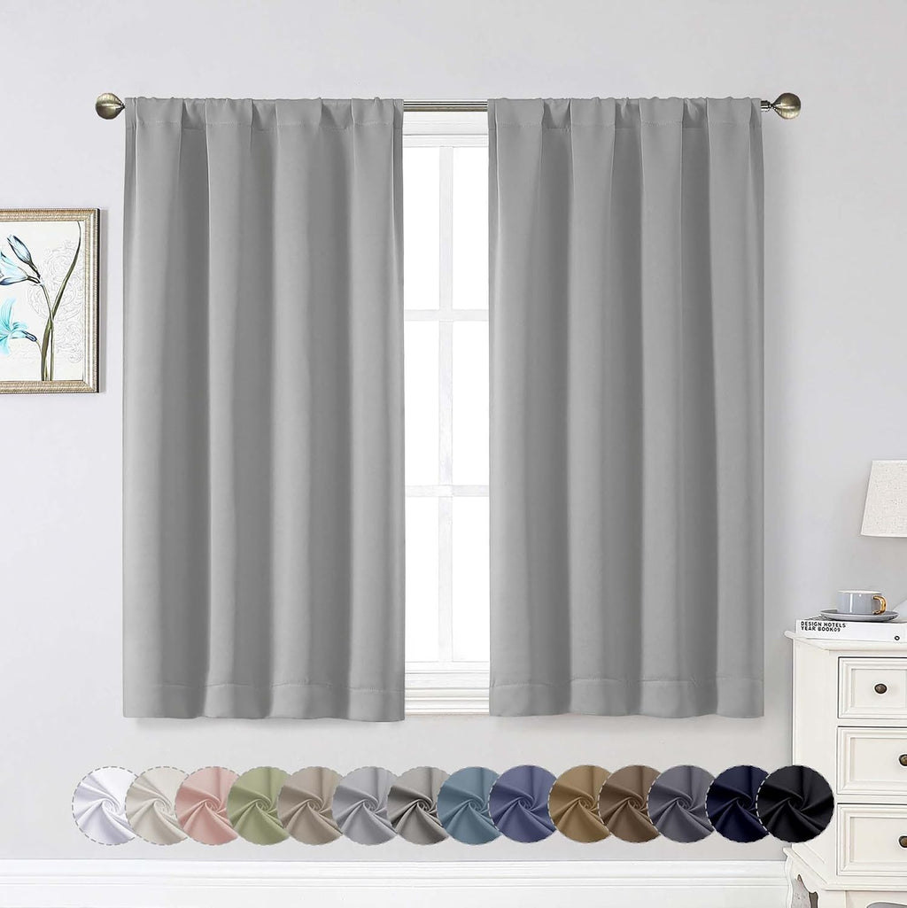 WelvetBLK Silver Grey Room Darkening Curtains for Bedroom Living Room 45 Inch Length 2 Panels Set, Soft Solid Thermal Insulated Rod Pocket…