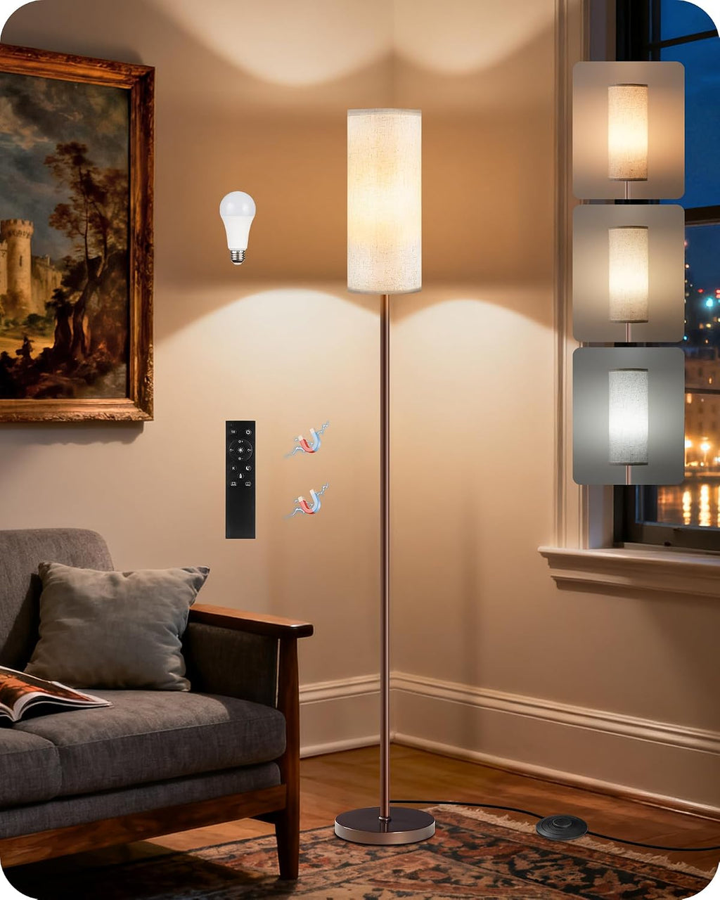 Dimmable Floor Lamps for Living Room with Remote and Foot Switch, 64.4” Modern Standing Tall Lamp, Corner Lamp for Bedroom, Office, Bulb…