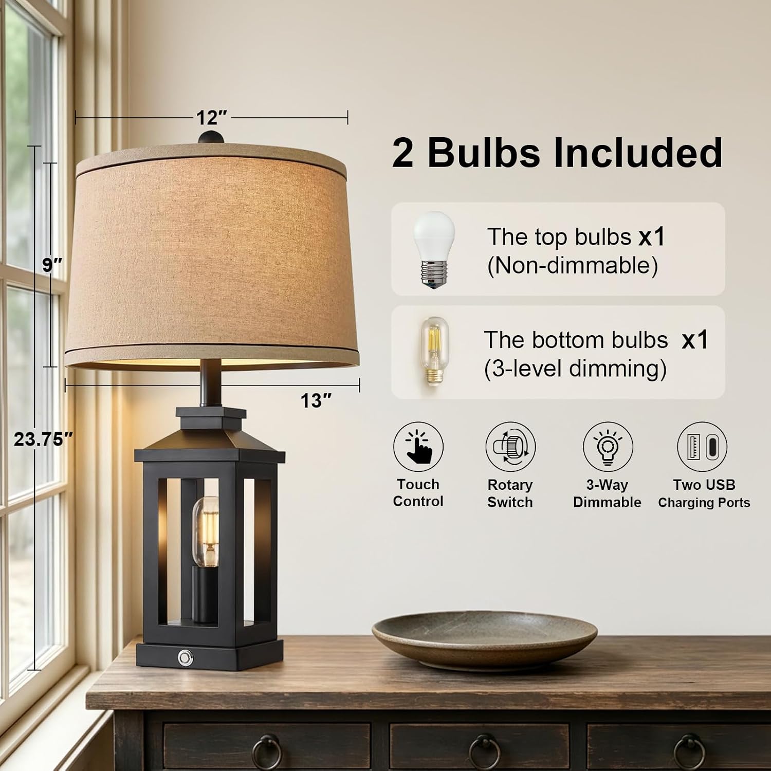 G-SAFAVA 23.75" Retro Farmhouse Black Table Lamp for Living Room Bedroom Nightstand Single Pack Touch Control Bedside Nightlight Vintage…