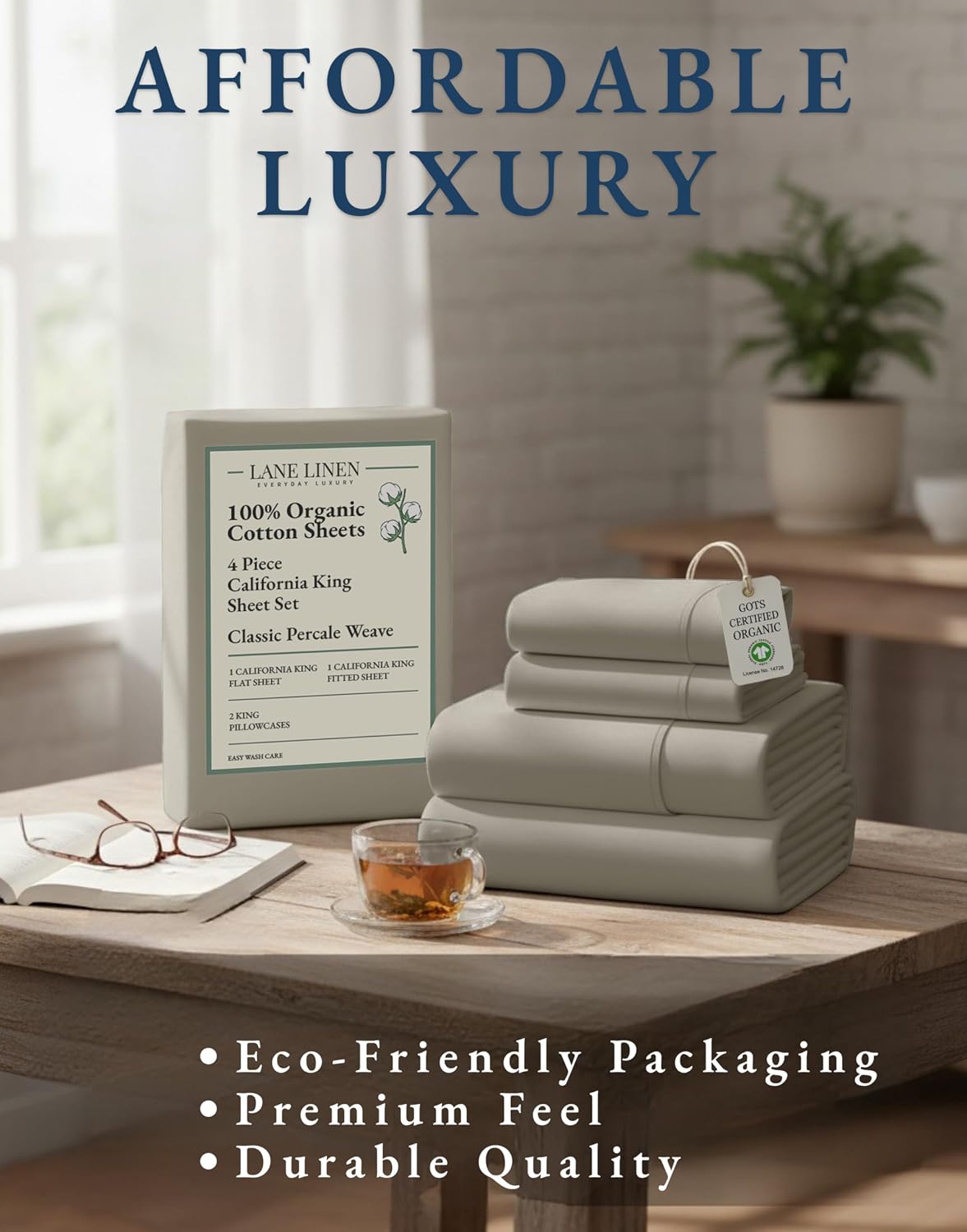 LaneLinen LANE LINEN 100% Organic Cotton California King Sheets Set, Fully Elasticized Reinforsed Seams in Fitted Pocket, Machine Washable…
