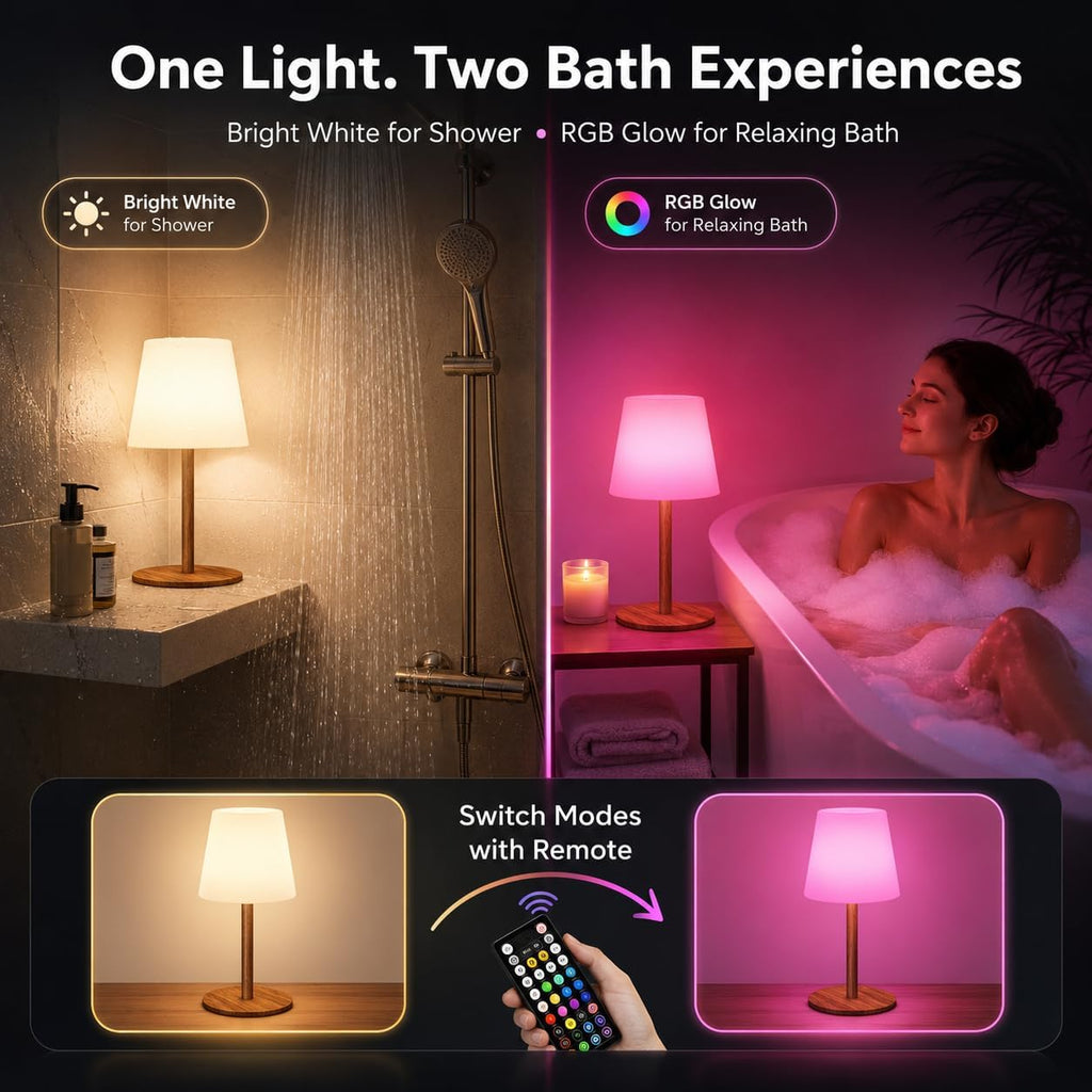 EZVALO Spa-Like Shower Lamp – Waterproof Bathroom Lamp with Remote, Rechargeable Cordless Mood Light, 3 Color Temps & 80 RGB Colors for…