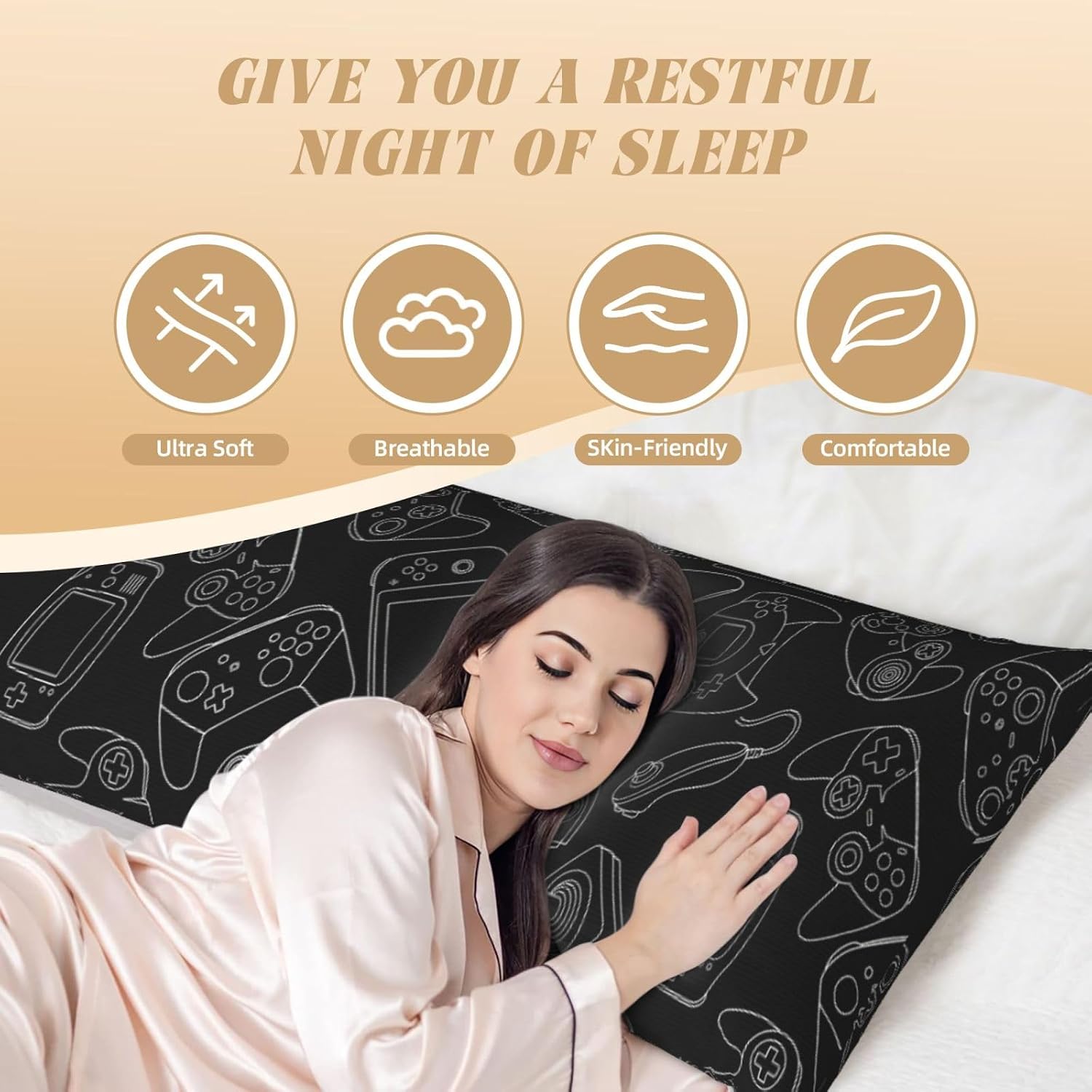 Sovvin Video Game Controller Black Background Body Pillow Cover Gaming Theme Long Pillow Case with Zipper Decorative Soft Cushion Be…