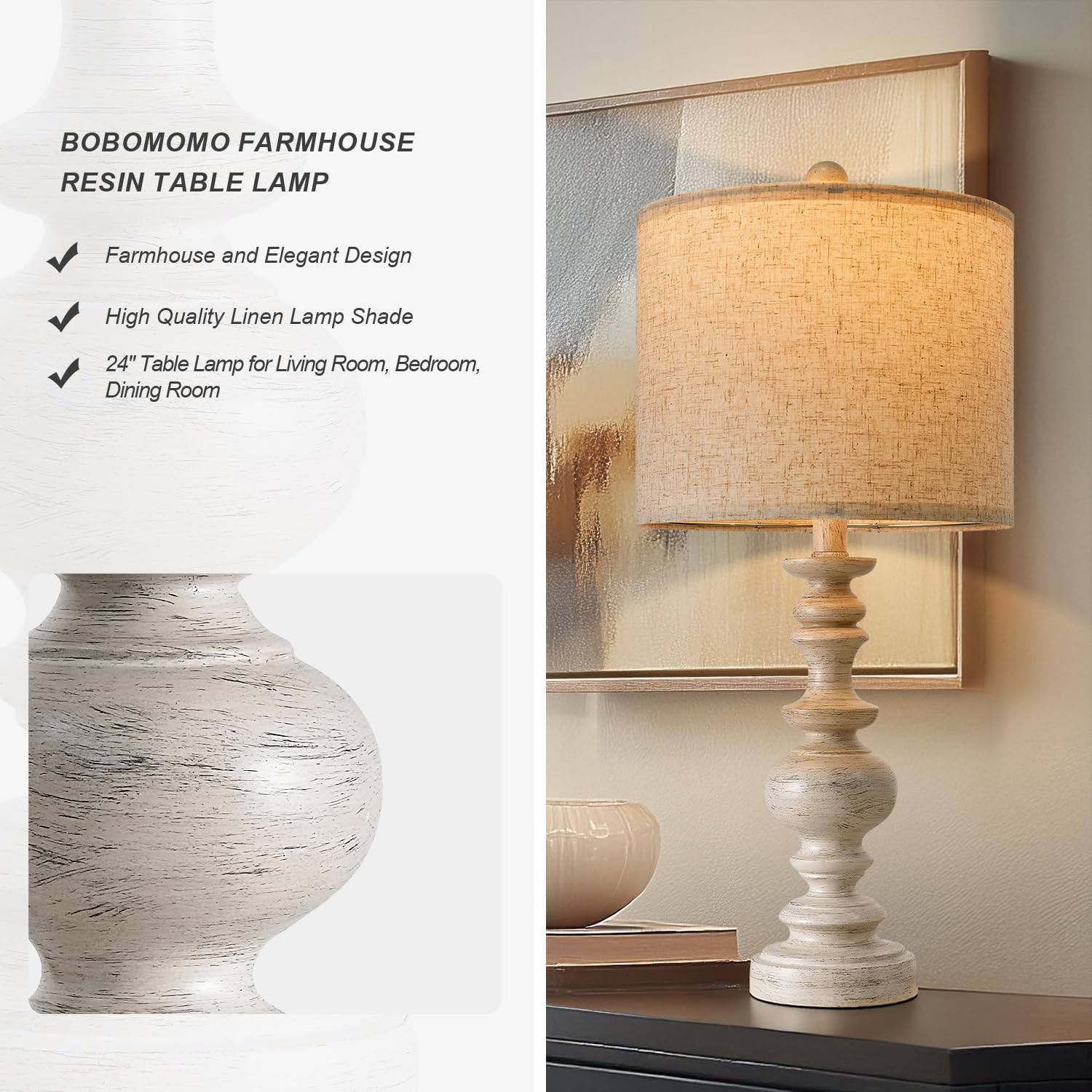 BOBOMOMO 24" Farmhouse Resin Table Lamp Set of 2, Vintage Lamps for Living Room Bedroom with Linen Shades, Traditional Rustic Bedside…