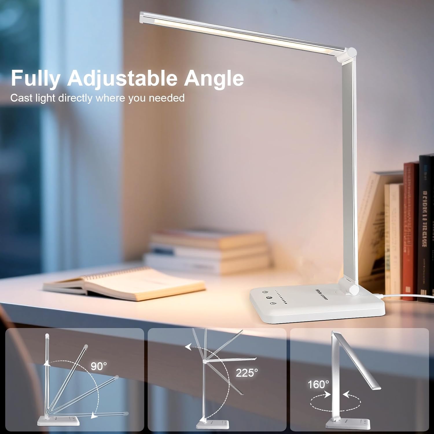 WhiteCrown White crown LED Desk Lamp Dimmable Table Lamp Reading Lamp with USB Charging Port, 5 Lighting Modes, Sensitive Control, 30/60 Mi…