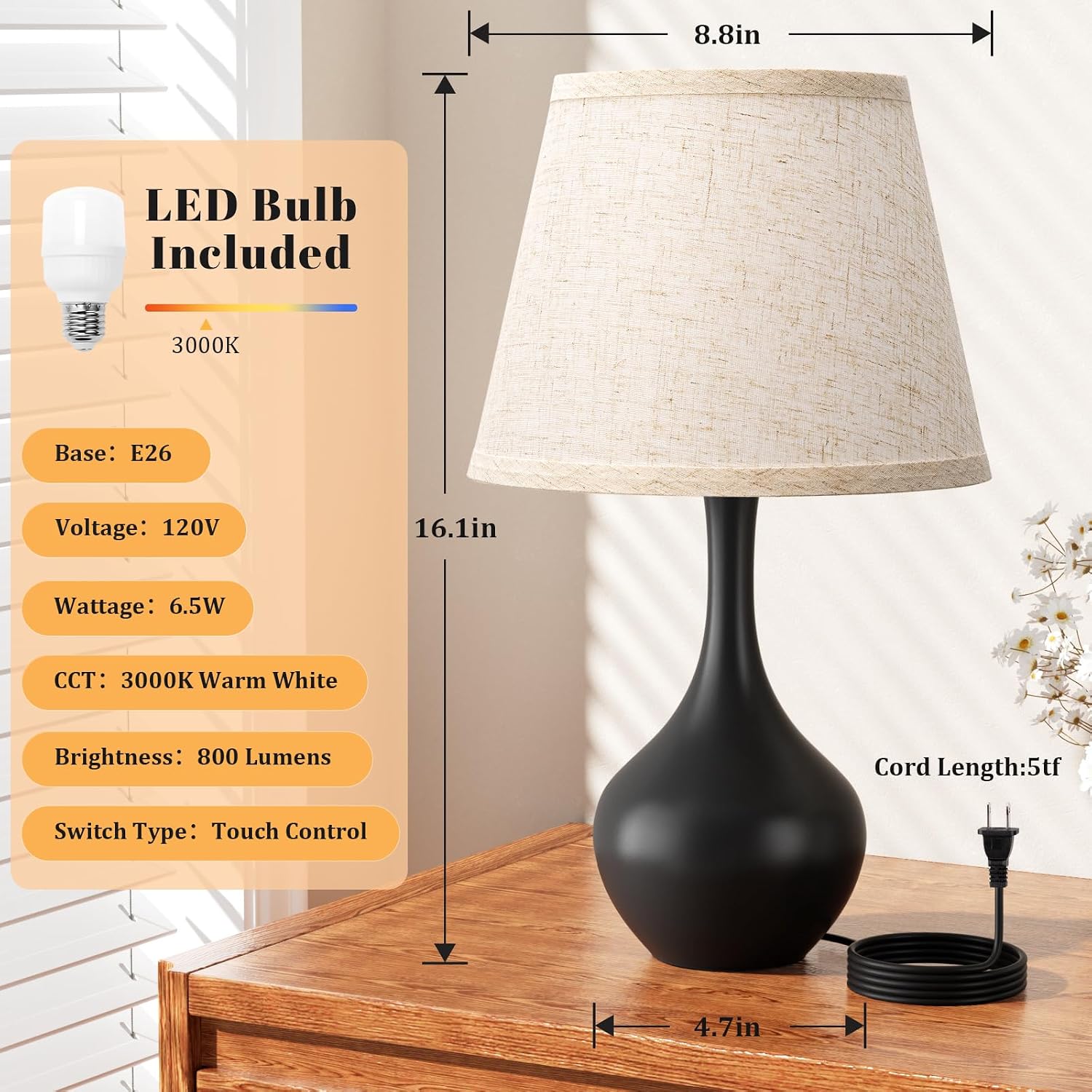 Seealle 16.1" Touch Table Lamps for Nightstand, 3-Way Dimmable Small Bedroom Lamps for Night Stands, Black Bedside Lamps for Living Room…