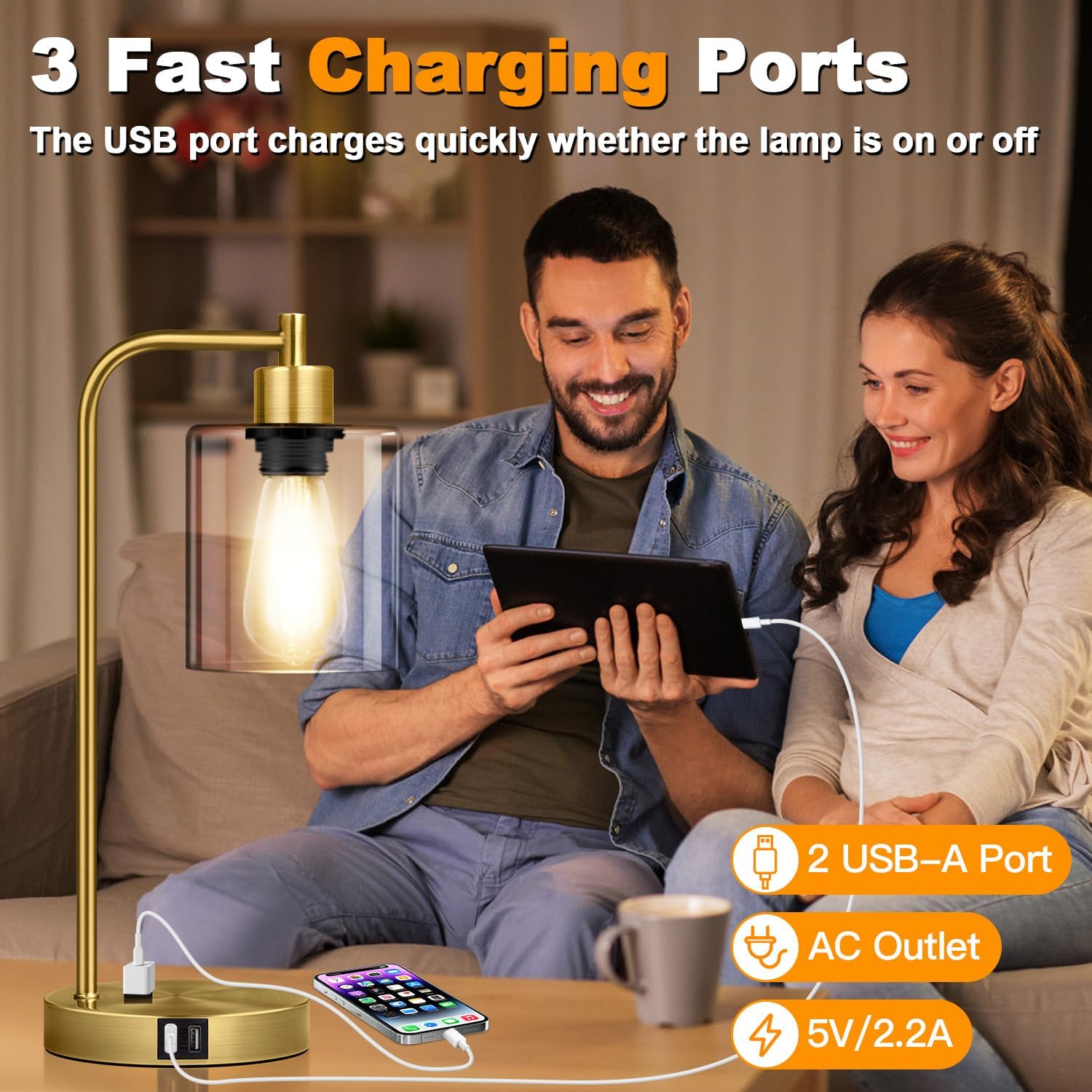 Nintiue Industrial Touch Table Lamps Set of 2-2 USB Ports & AC Outlet Nightstand Lamps, 3-Way Dimmable Bedside Desk Lamp for Living Room…