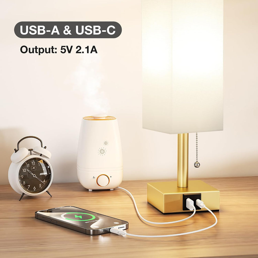 Aooshine White Small Table Lamp for Bedroom - 3 Color Temperature 3000K 5000K 4000K Bedside Lamp, Pull Chain Control, USB A and C Ports, Pu…