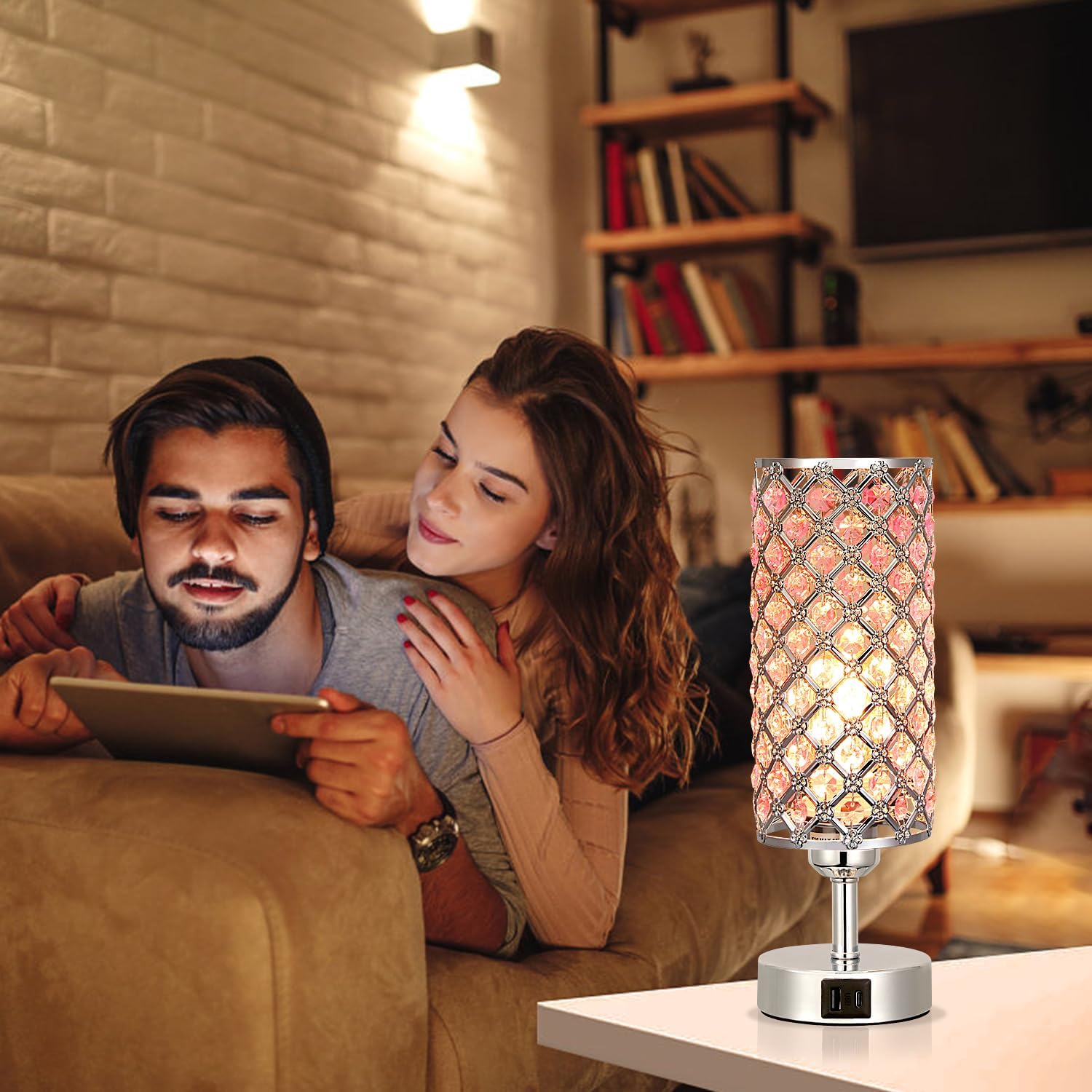 Hong-in Crystal Table Lamp, Pink Touch Lamp with USB C+A Ports, 3 Way Dimmable Bedroom Light with Crystal Shade, Bedside Nightstand Small…