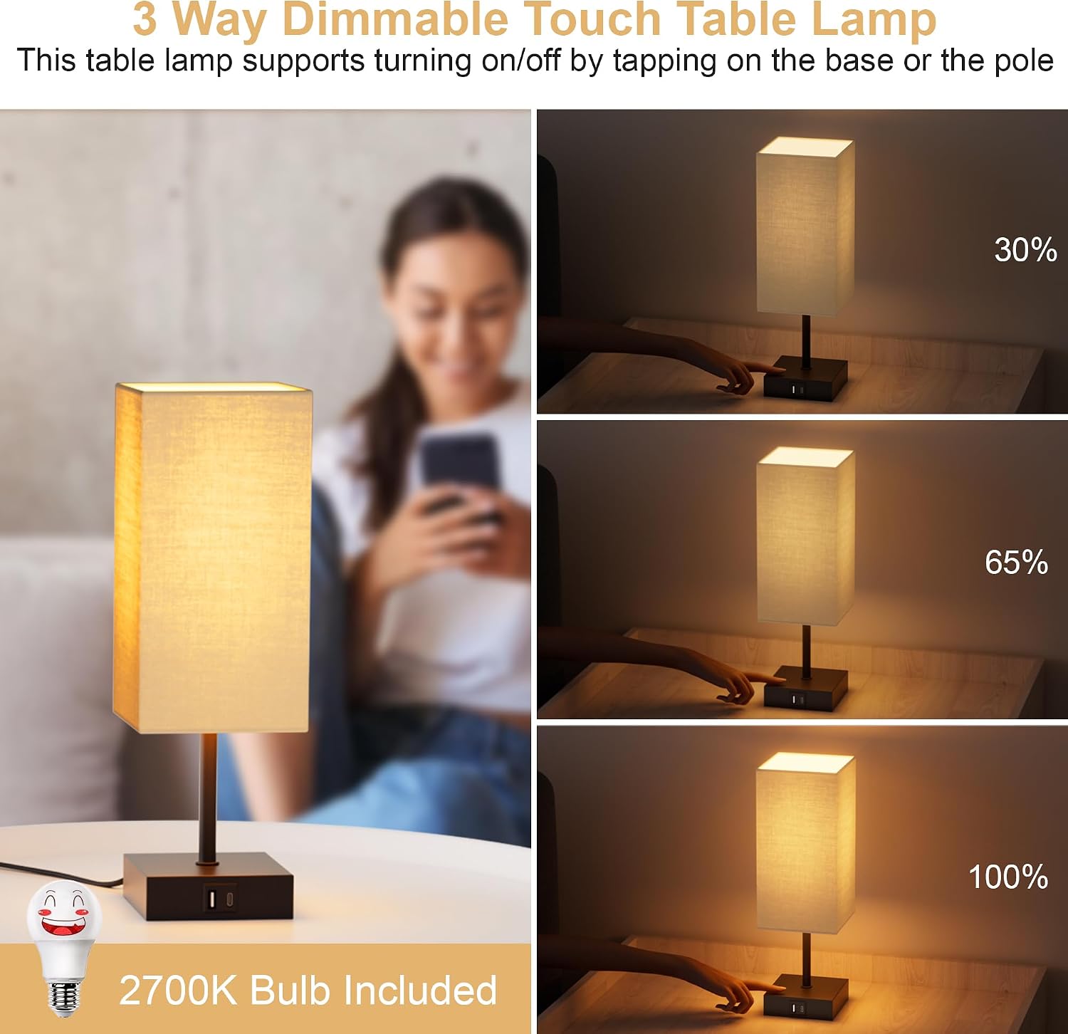 Touch Bedside Lamp for Bedroom Set of 2, 3 Way Dimmable Table Lamp with USB C+A Charging Ports, Small Nightand Lamps for Bedroom Decor…