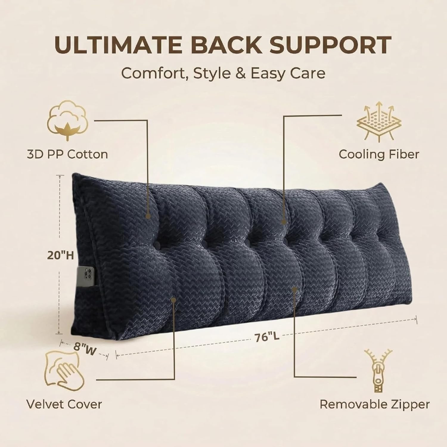 Headboard Pillow King Size, Reading Pillow for Bed, Wave Pattern Wedge Pillow, Tufted Backrest Support, Headboard Substitute, Darkgray