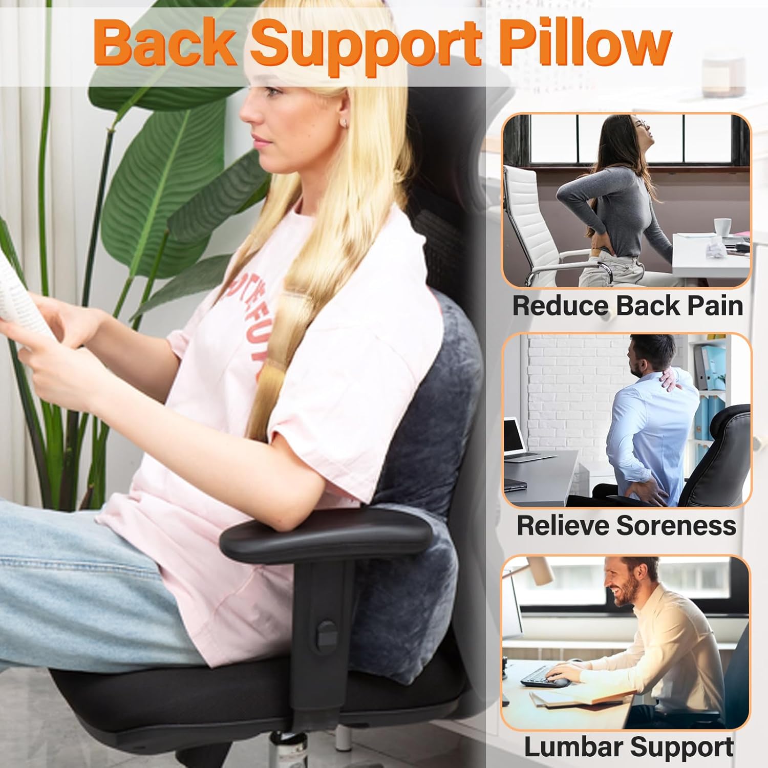 1 MIDDLE ONE Back Pillow for Chair, Memory Foam Lumbar Pillow for Back Support, Back Rest Cushion for Office, Sofa, Couch Sitting…