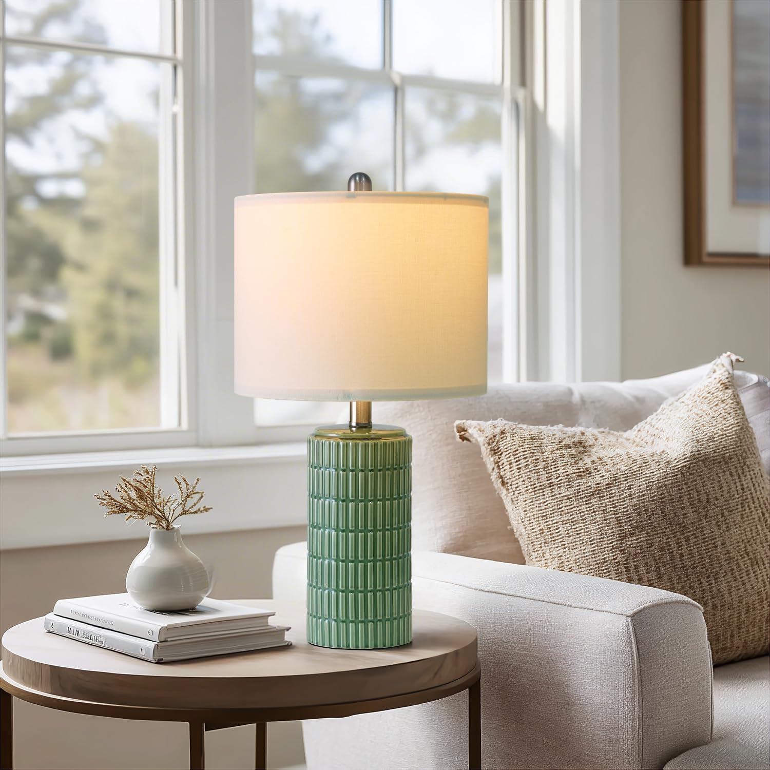 PoKat 20.75" Small Modern Ceramic Table Lamps Set of 2 for Bedroom, Green Bedside Lamps for Night Stands, Farmhouse House Decor…