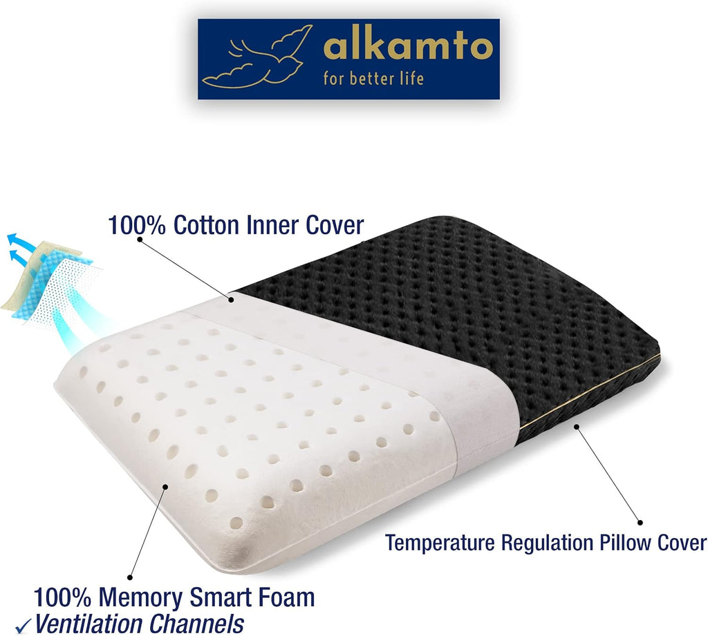 alkamto Travel & Camping Comfortable Memory Foam Pillow – Easy to Carry Portable Bag – Temperature Regulating Pillow Case (Black + Extra…