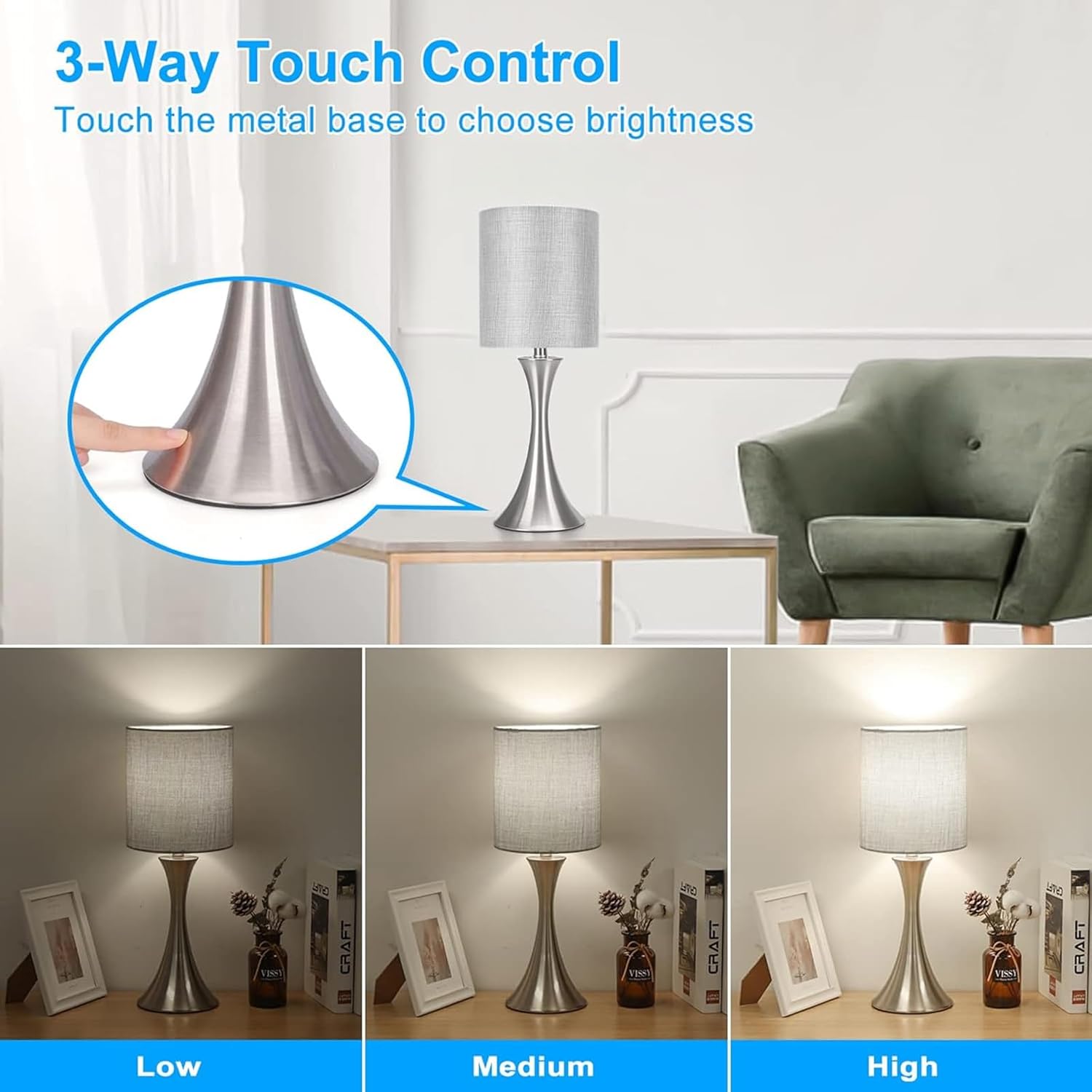 3 Way Touch Control Table Lamp, Dimmable Bedside Desk Lamp with Metal Base Modern Nightstand Lamp Stylish Grey Shade Simple Side Table…